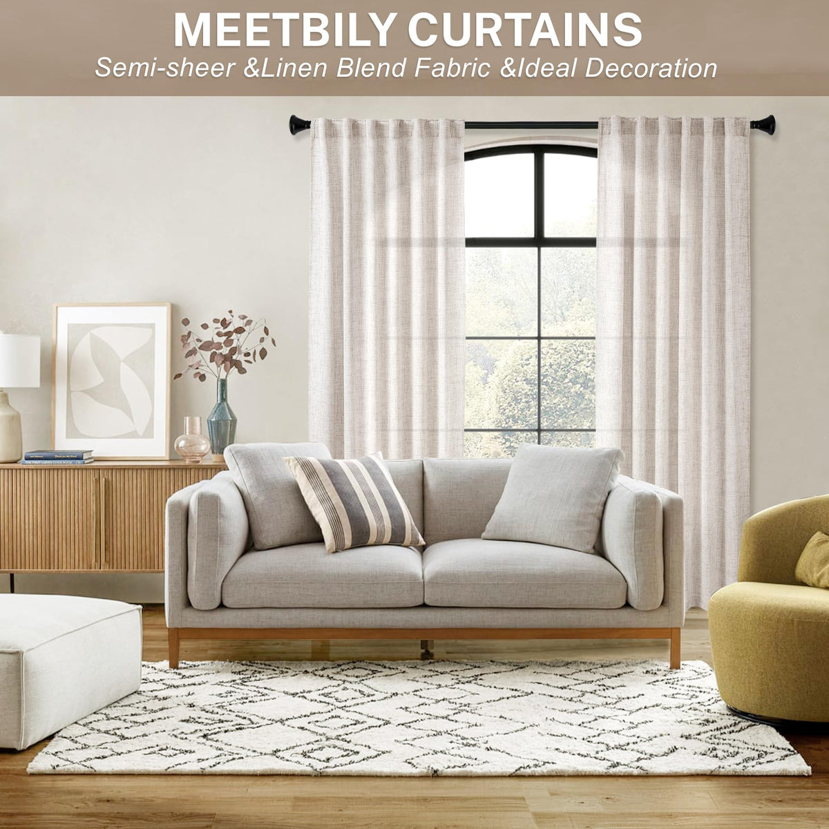 MEETBILY Curtains Panels for Back Tab Semi Sheer, Linen Textured Drapes Rod Pocket, Flax Curtains for Farmhouse/Bedroom/Living Room/Window Light tan(2-Pack, 50 x 84 inch Long)