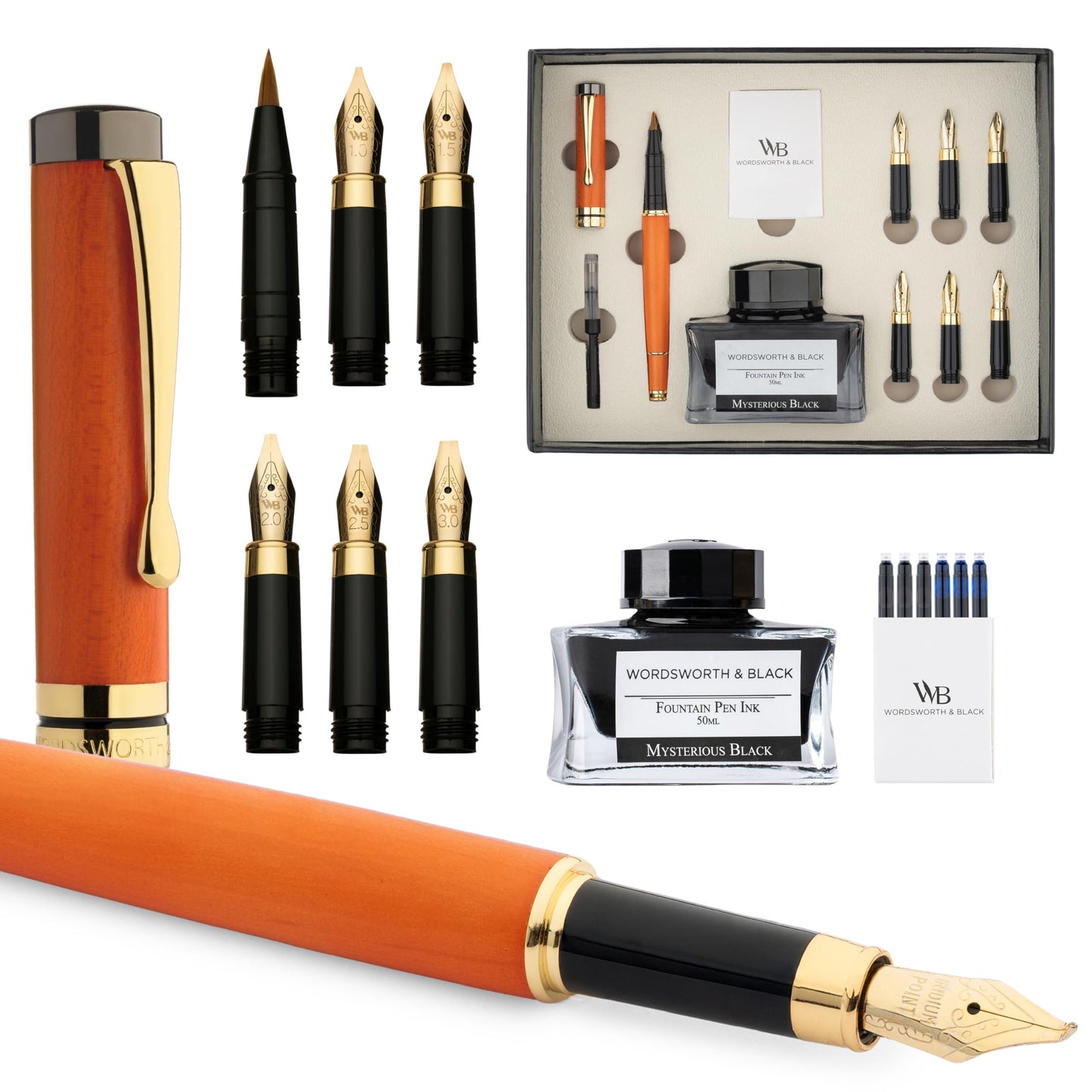 Wordsworth & Black Calligraphy Pen Gift Set, Includes Ink Bottle, 6 Ink Cartridges, Ink Refill Converter, 6 Replacement Nibs, Luxury Bamboo, Journaling, Smooth Writing Pens [Cherry Wood]