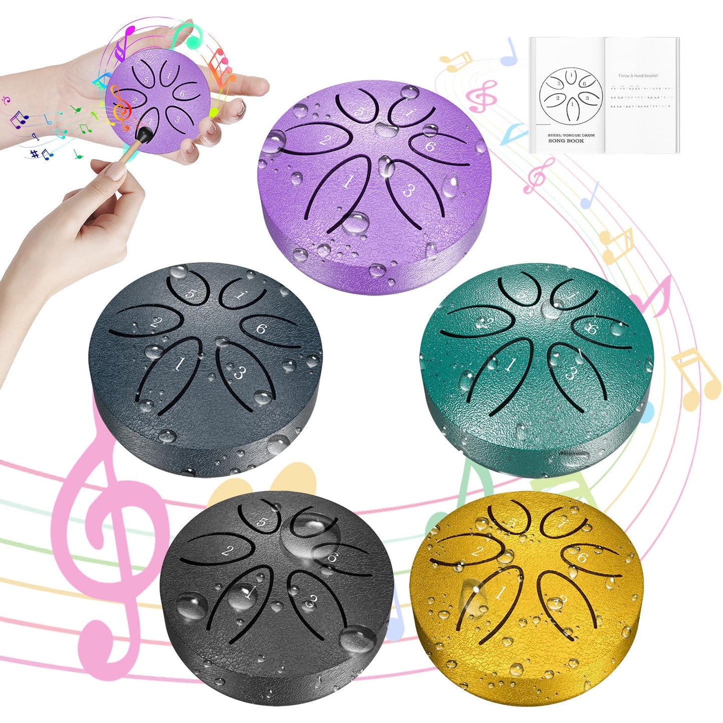 MURRICON 3 Inches 6 Notes Rain Drum for Outside,Steel Tongue Drum Rain Chime,Mini Rain Drum for Garden Instrument,Music Gifts,Multicolor(5 PACK)