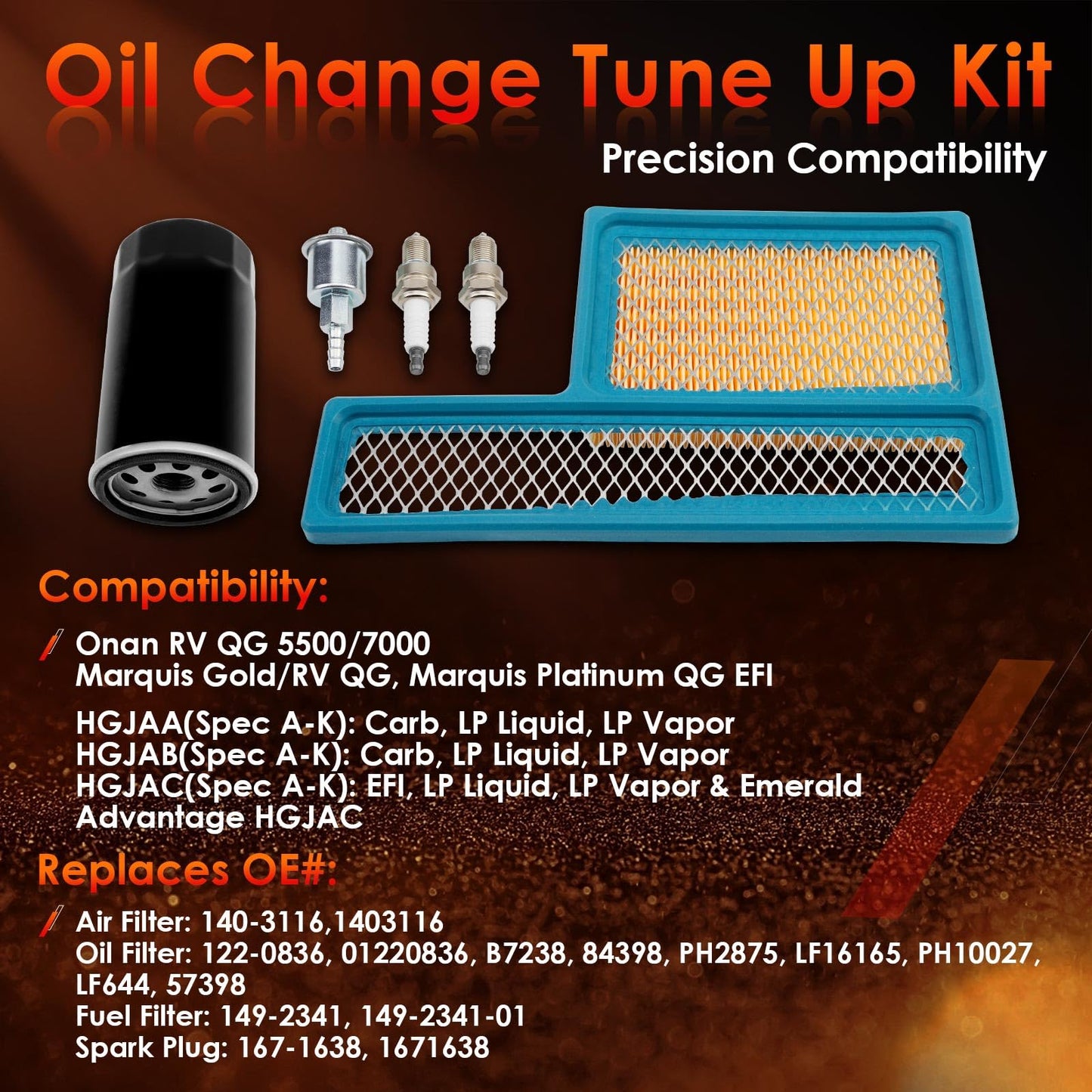 Tune Up Kit 140-3116 Air Filter, 122-0836 Oil Filter, 149-2341-01 Fuel Filter & 167-1638 Spark Plug, Compatible With Onan RV QG Generators 5500 7000, HGJAA HGJAB HGJAC & Marquis Gold/RV QG