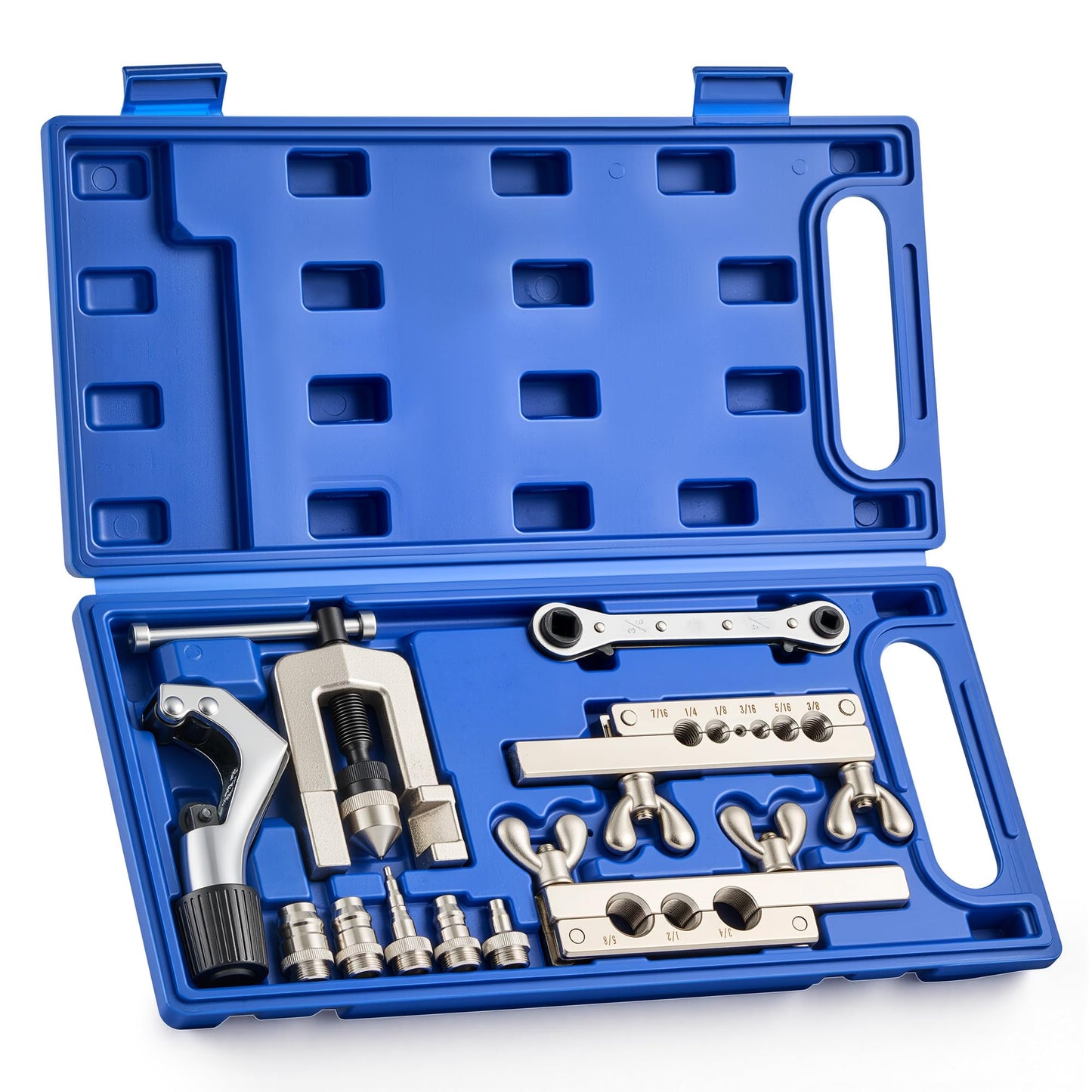 Orion Motor Tech Single Flaring Tool & Swaging Tool Kit for HVAC Tubing, 45 Degree 1/8" - 3/4" Flare Tool Kit with Swaging Adapters, Tube Cutter & Ratchet Wrench, Single Flare Tool for Soft Metals