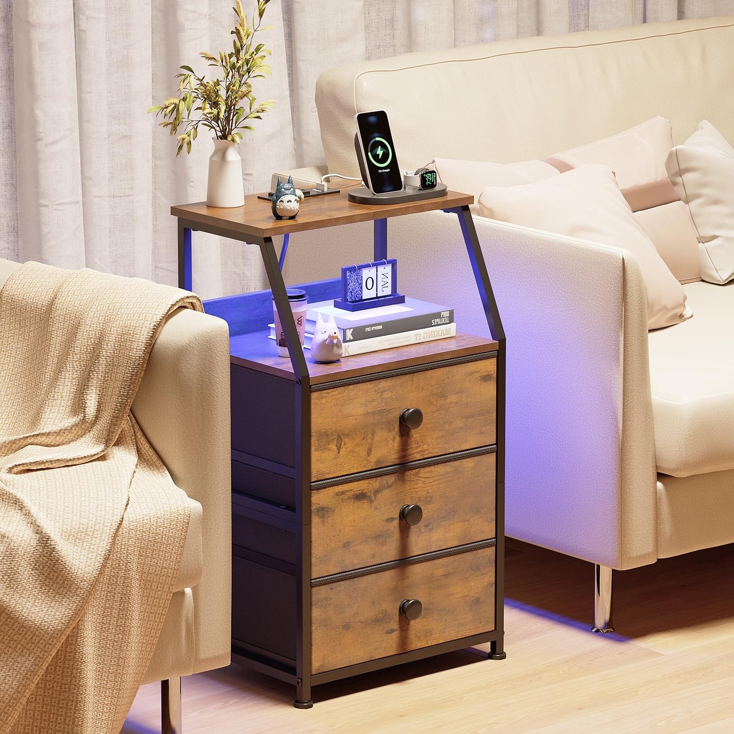 GiftGo Nightstand with Charging Station Led Light and 3 Fabric Drawers Bedside Sofa Side End Table for Bedroom Living Room (Rustic Brown, 3 Drawers)