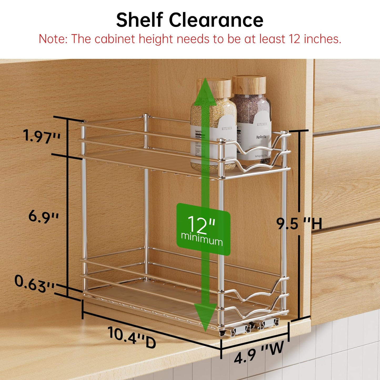 PanPanPal Pull Out Spice Rack Organizer for Inside Cabinet, 2 Tier Slide Out Spice Organization for Cabinet, Chrome Vertical Sliding Seasoning Organizer, 4.9''Wx10.4''Dx9.57''H