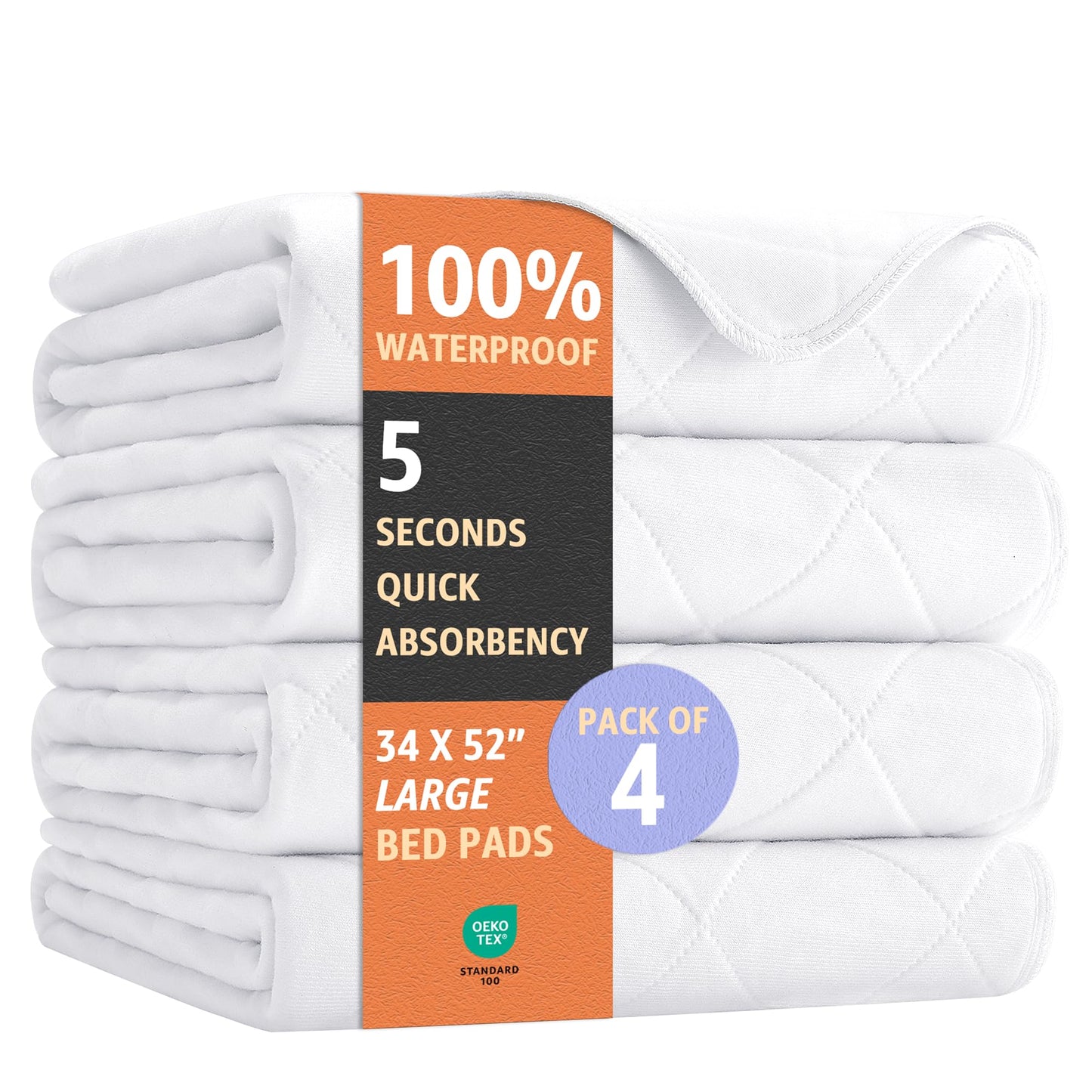 Soft and Lofty Ultimate Washable Underpads - Heavy Absorbency, Waterproof Reusable Incontinence Pads for Adults, Kids, Elderly & Pets - Bedwetting Pads for Bed,Couch,Sofa,Floor,34"x52",White (4 Pack)