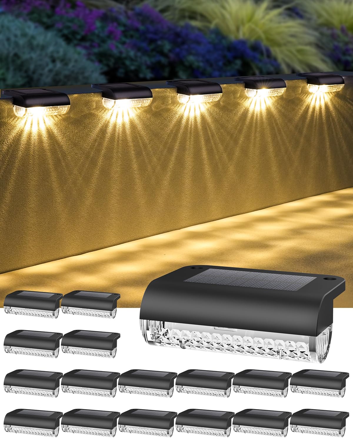 16Pack Solar Lights Outdoor Stair, Waterproof Solar Power Stair Lights Outdoor for Garden, Fence, Yard, Deck and Pathway(3000K Warm White)