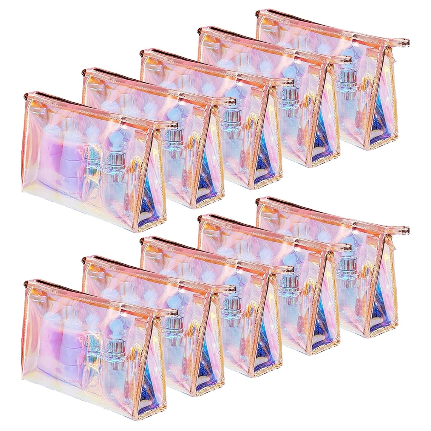 Voittozege 10 Pcs Holographic Makeup Bag Bulk Iridescent Makeup Pouch Clear Bachelorette Bag Portable Zippered Toiletry Bag Waterproof Cosmetic Gift Bags for Organizer, Brushes,Women Gifts