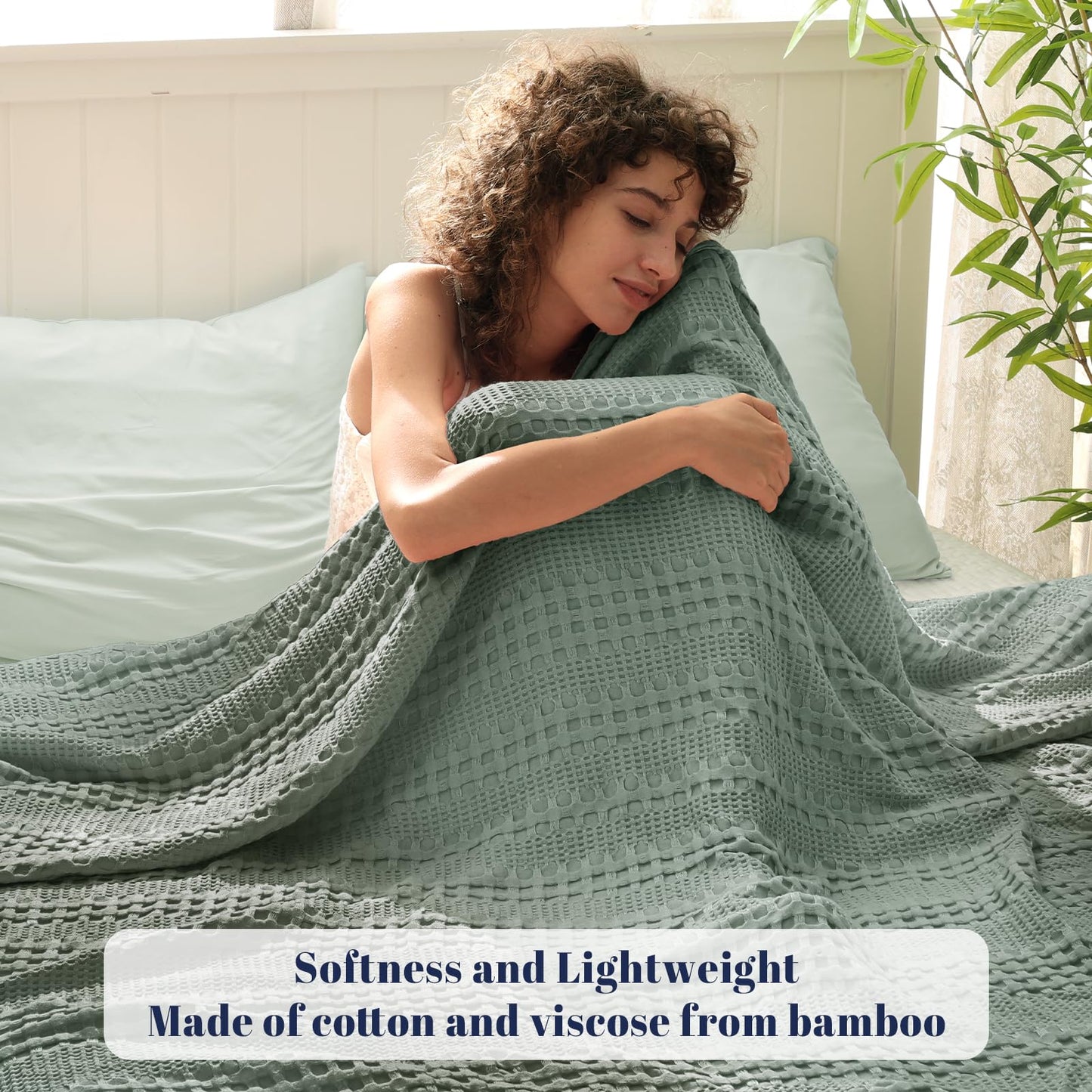 PHF Cooling Waffle Blanket King Size, Lightweight 60% Rayon Derived from Bamboo & 40% Cotton Breathable Summer Blanket for Hot Sleepers, Soft and Luxury for Bed Couch and Sofa, 104"x90", Sage Green