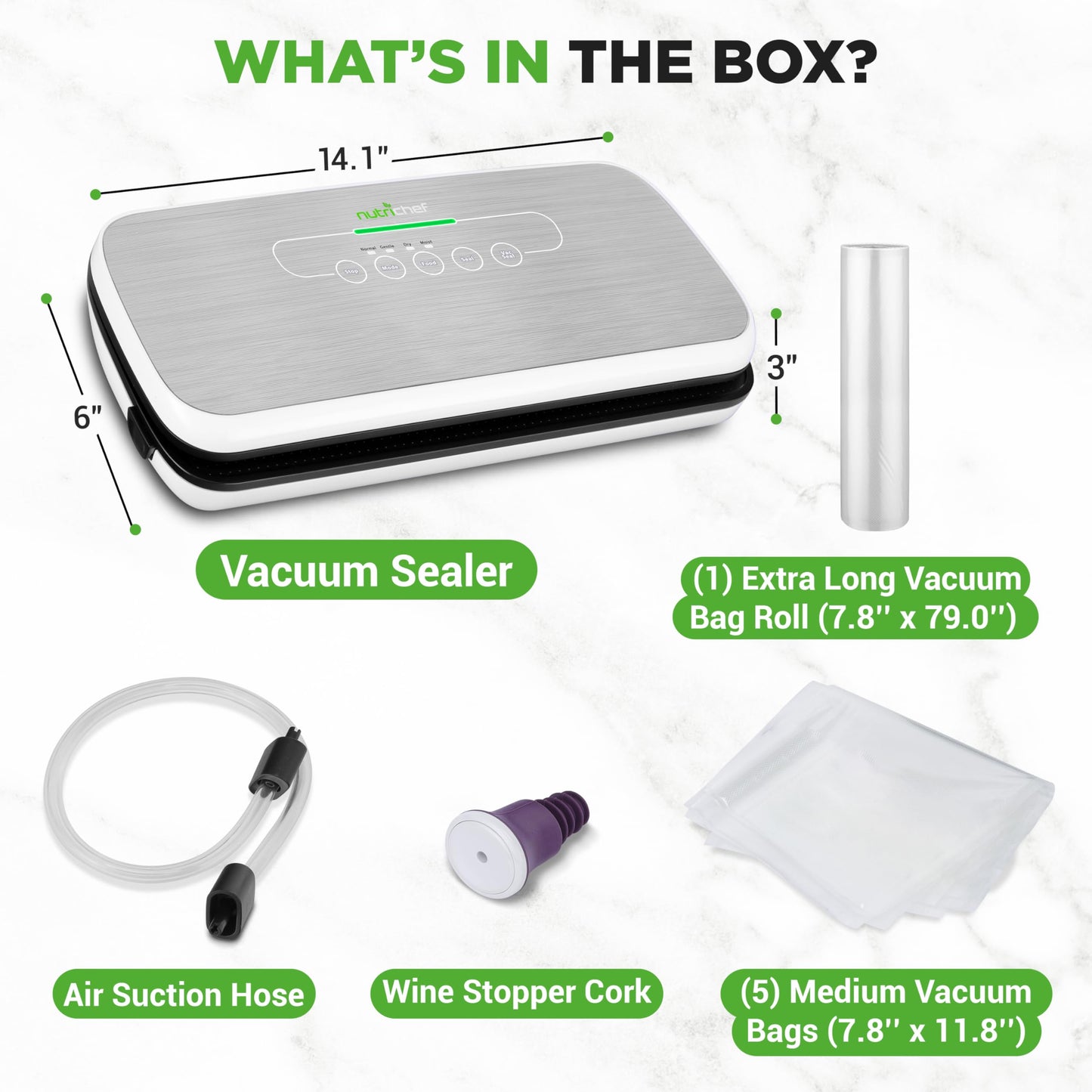 80 kPa Vacuum Food Sealer, Sous Vide Vacuum Sealer Machine, Food Savors, Automatic Air Sealing System for Food, Dry & Moist Modes, Includes Starter Kit w/ Bags & Wine Stopper Cork