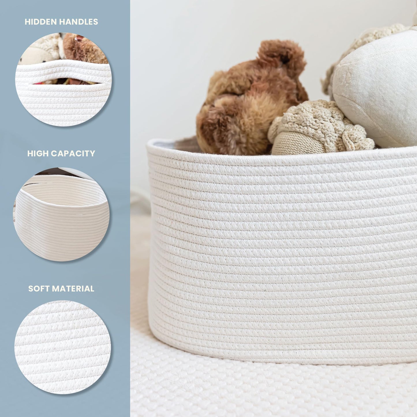 OrganiHaus Off White Soft Woven Baskets for Storage Organization Set of 3, Cotton Rope Storage Baskets for Shelves, Square Book Bins, Bathroom Towel Hamper, Panier Rangement