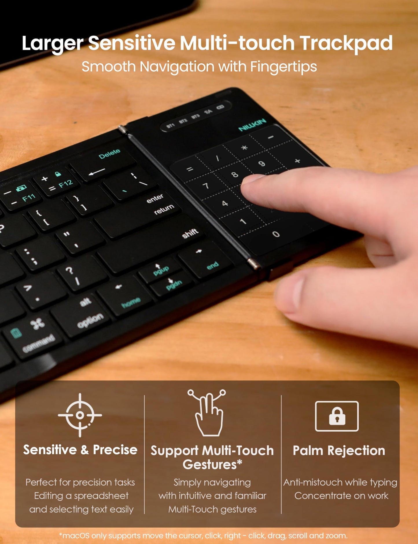 Nillkin Foldable Keyborad with Touchpad & Number Pad, Bluetooth Keyboard with Trackpad, Folding Wireless Portable Keyboard for PC Laptop iPad Tablets Smartphone, Silicone Leather Cover, Black