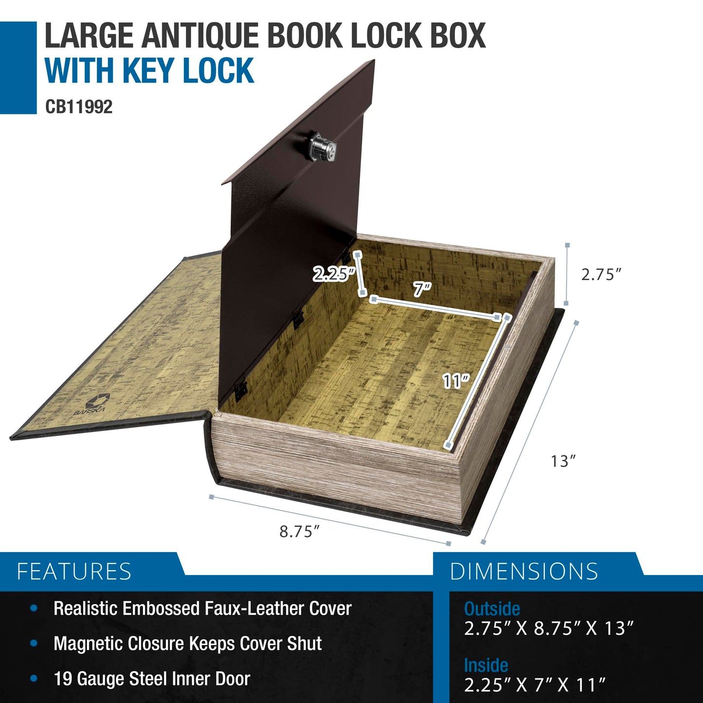 Barska Large Antique Book Safe with Key Lock – Hidden Diversion Lock Box with Magnetic Closure – Concealed Steel Compartment for Cash, Jewelry, and Valuables – Home or Office Security