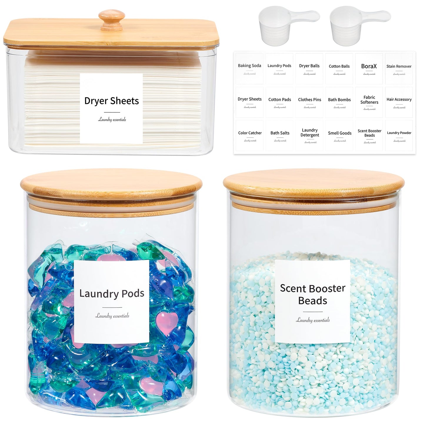 Glass Laundry Pods Container & Acrylic Dryer Sheet Holder with Bamboo Lids, Scoops & Labels | Premium Laundry Room Organization and Storage for Detergent Pods, Powder, Dryer Balls & Beads