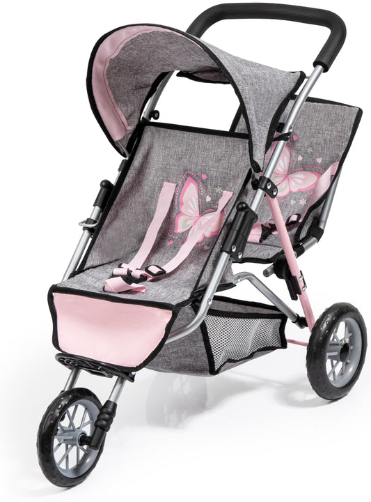 Bayer Design - Twin Dolls Pram Duo Grey Pink Butterfly - Double Stroller for Dolls, Sun Canopy, Security Belt - Dolls Up to 18” - Age 3+ - 39133AA