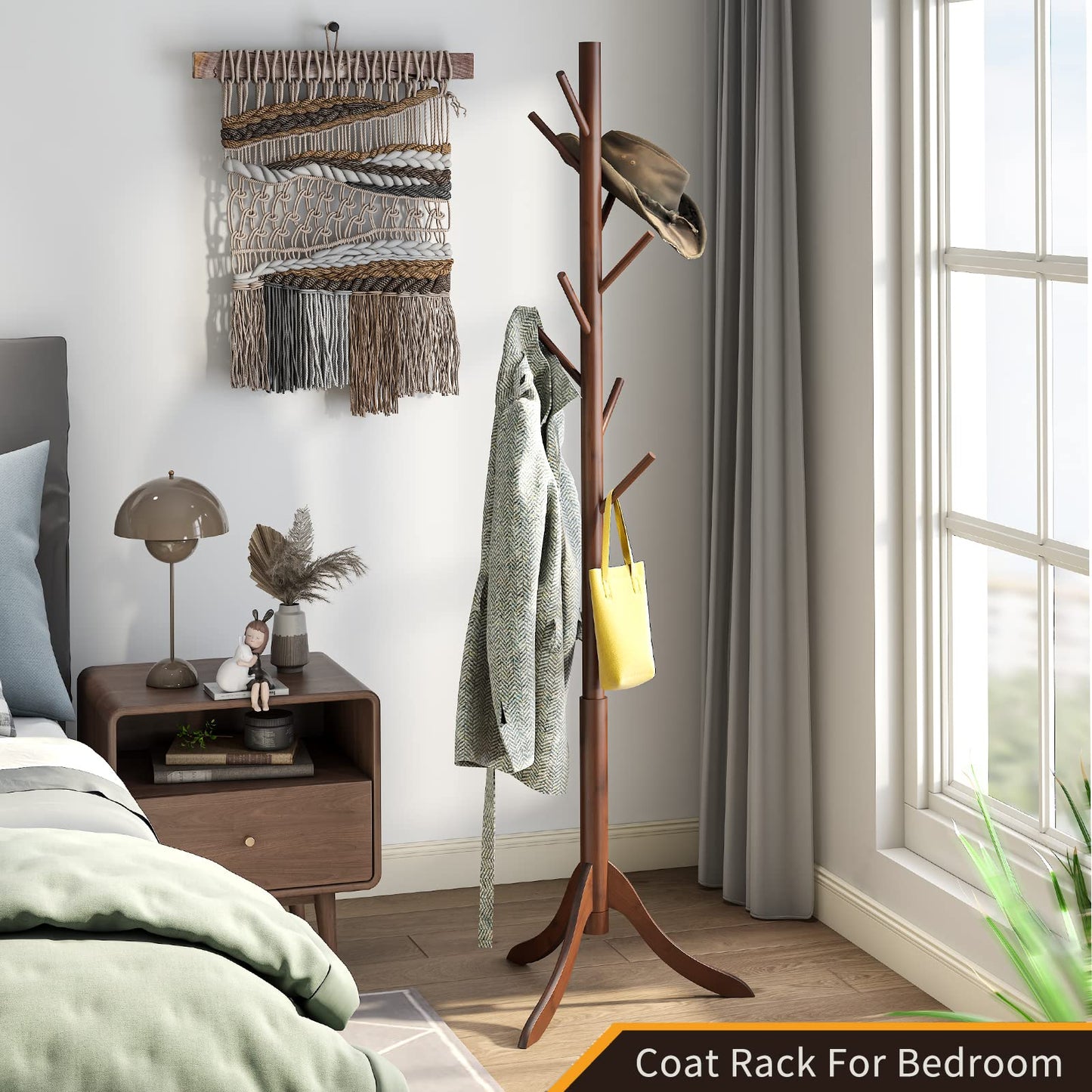 Furshus Coat Rack Freestanding, Coat Stands Entryway, Bamboo Coat Rack Hat Hanger 8 Hook for Jacket, Purse, Scarf Rack, Umbrella Tree Stand (Brown)