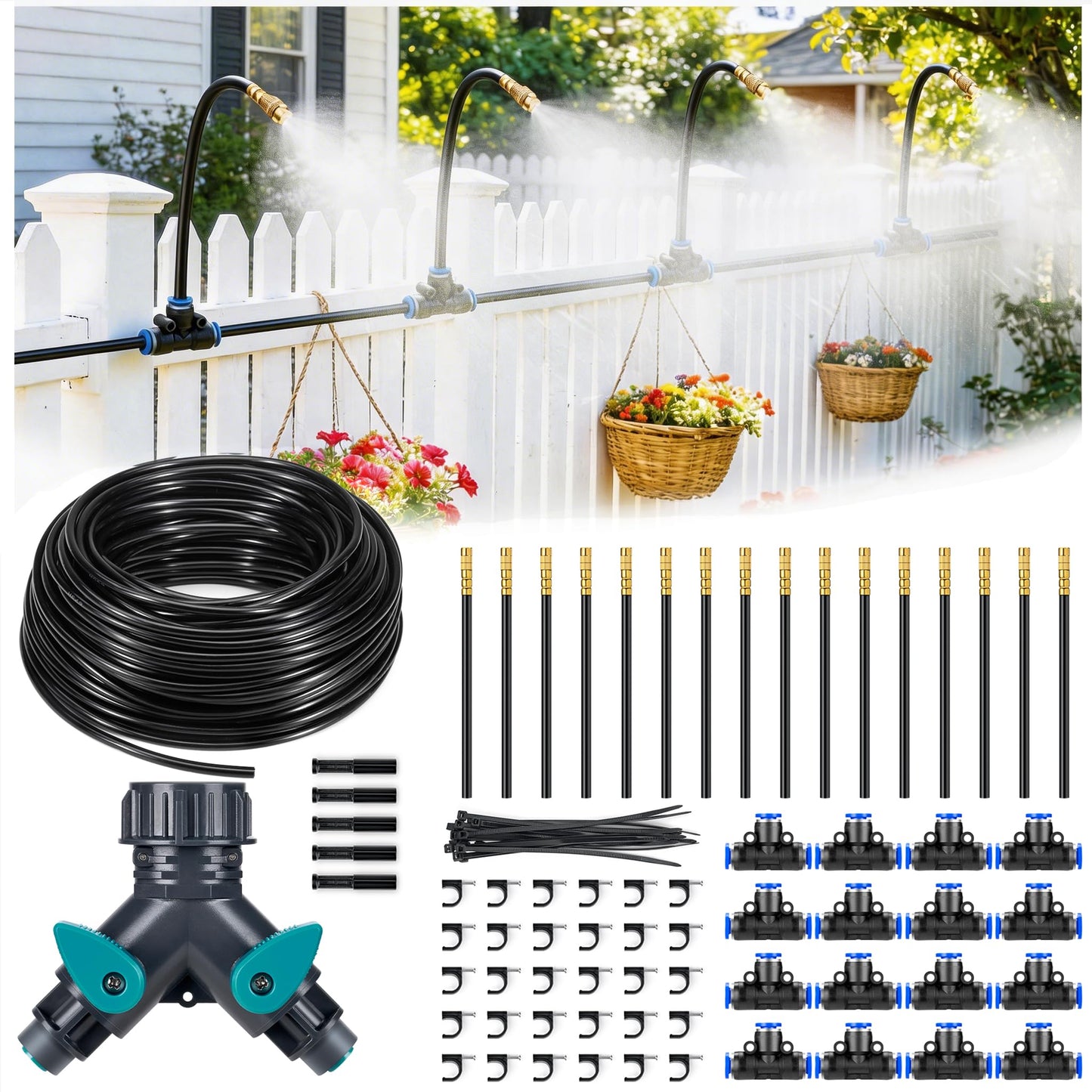 HIRALIY 360° Adjustable Drip Irrigation System 100FT, 1/4" Tubing with 16 Adjustable Copper Nozzles, Automatic Atomizing Watering Kit for Garden, Yard, Lawn, Greenhouse & Potted Plants