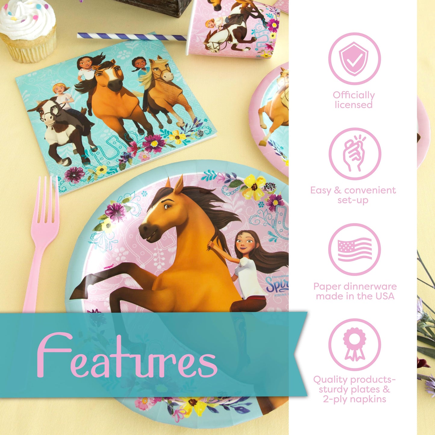 Spirit Riding Free Party Supplies and Decorations with Balloons for Spirit Birthday Party, Serves 16 Guests, Perfect for Girls and Boys, Easy Setup and Takedown with Banner, Table Cover, Plates,
