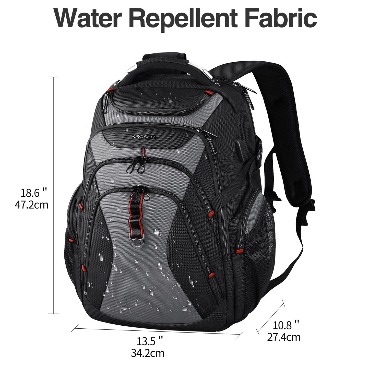 KROSER Hard Shell Travel Laptop Backpack, Water-Repellent Casual Daypack, Durable Business College Stylish Bag for Men and Women, 17.3 Inch ，Black Grey