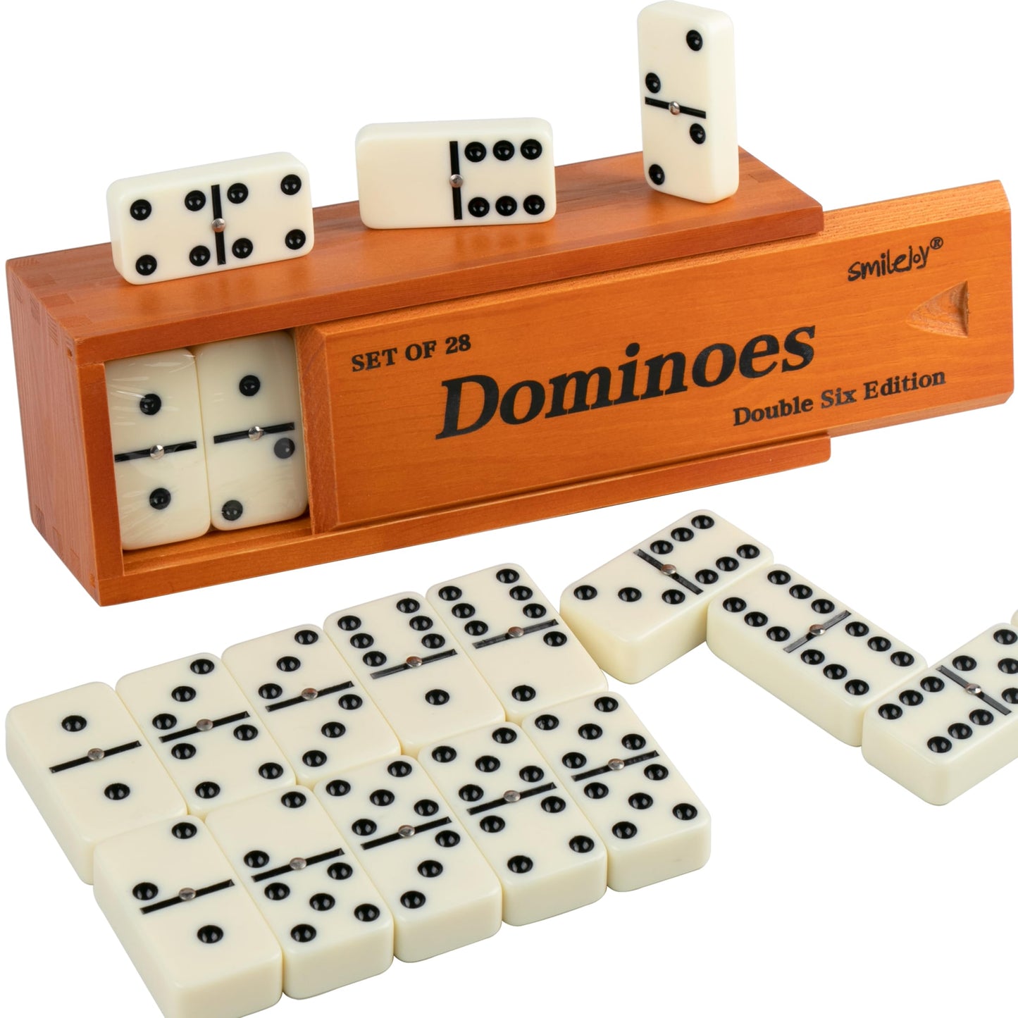 Smilejoy Domino Set for Adults, Double Six Jumbo Dominos Set,Thick Size Domino Game, Double 6 Dominoes for Family Games for Adults and Elderly, Jumbo 28 Tiles with Prime Brown Wood Box (2-4 Players)