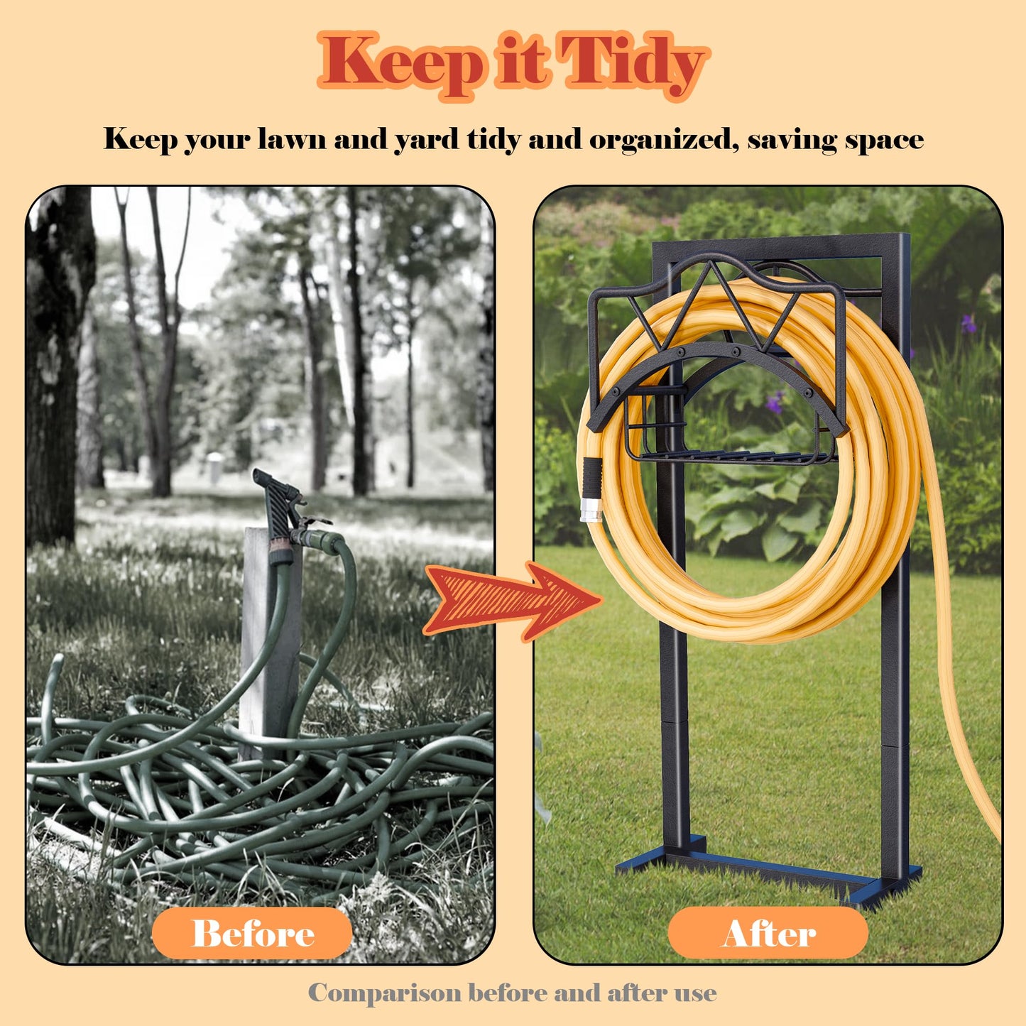 AMDERVEN Garden Hose Holder for Outside - Freestanding Metal Stand With 5 Spikers and Basket, Outdoor Heavy Duty Reel, Holds 150-feet, Black