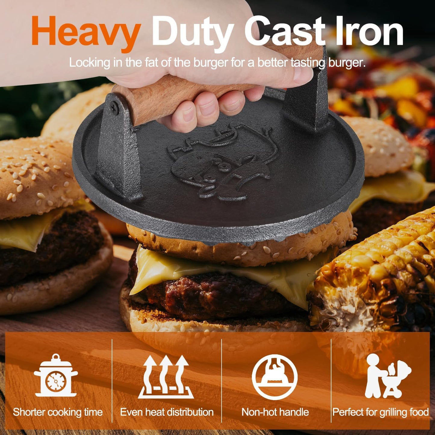 Finderomend 2 Pack Hamburger Press,Cast Iron Grill Press,Heavy Duty Smash Meat,Bacon,Steak & Burger Press with Wooden Handle (Round & Rectangular)