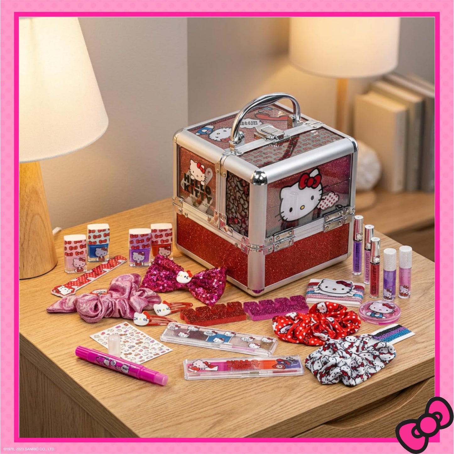 Hello Kitty Train Case Cosmetic Makeup Set Includes Lip Gloss, Eye Shimmer, Nail Polish, Hair Accessories & More! For Girls, Ages 6+ Perfect for Parties & Makeovers, by Townley Girl
