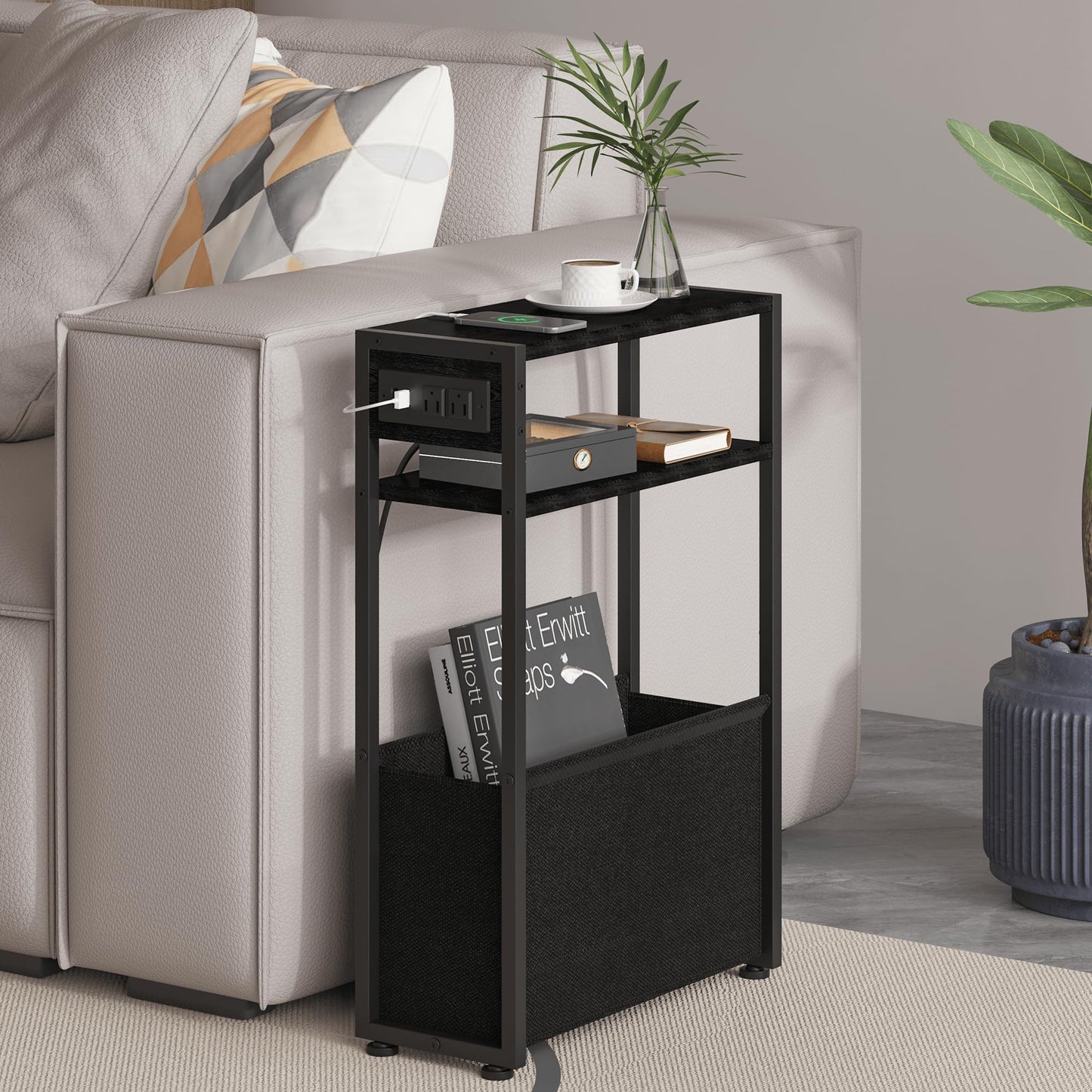 Leomonio Narrow Side Table, Slim End Tables with Fabric Basket, Skinny Table for Small Spaces, Thin Bedside Table for Living Room, Bedroom (1, Black - Outlet)