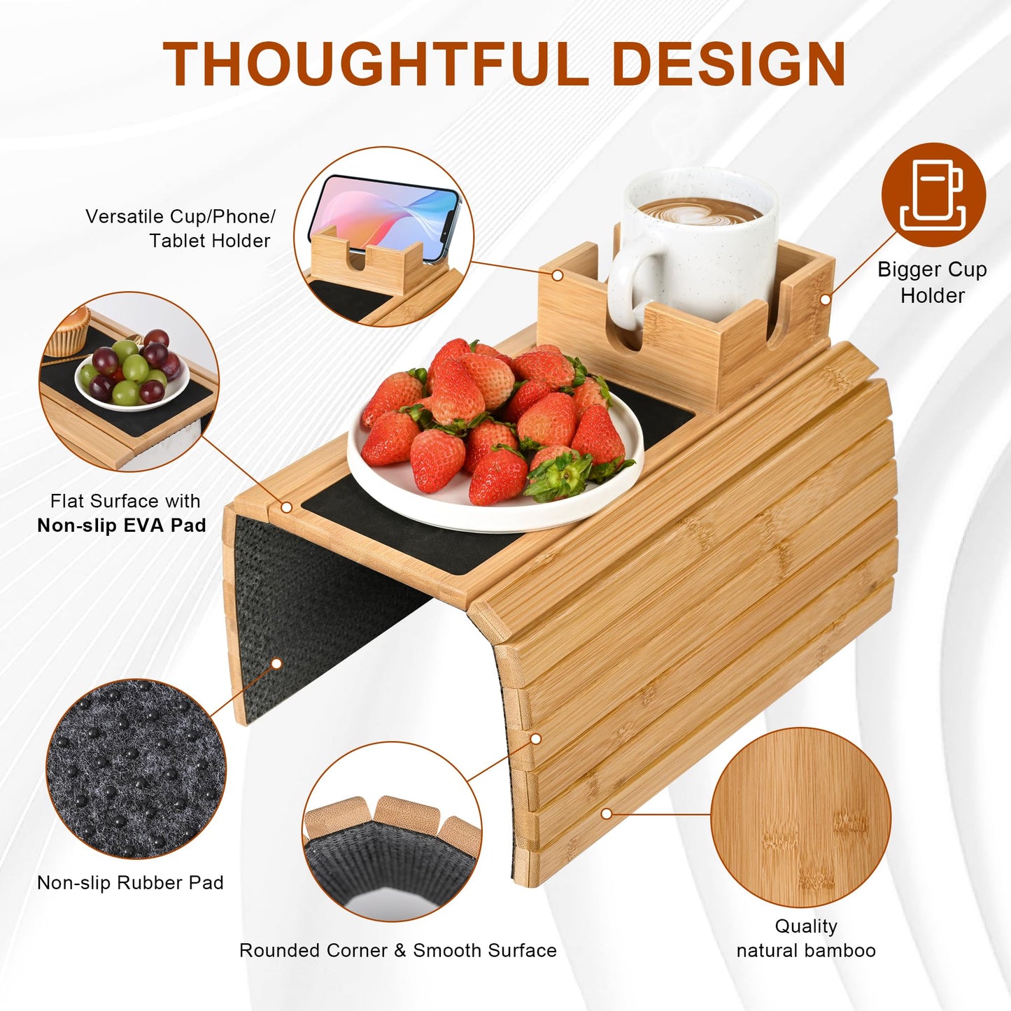 Joy&Grace Sofa Armrest Tray with Large Mug Holder, Bamboo Couch Arm Tray, Anti-Slip Couch Cup Holder Foldable Sofa Arm Table for Eating Drinks Cellphone (Color Natural)