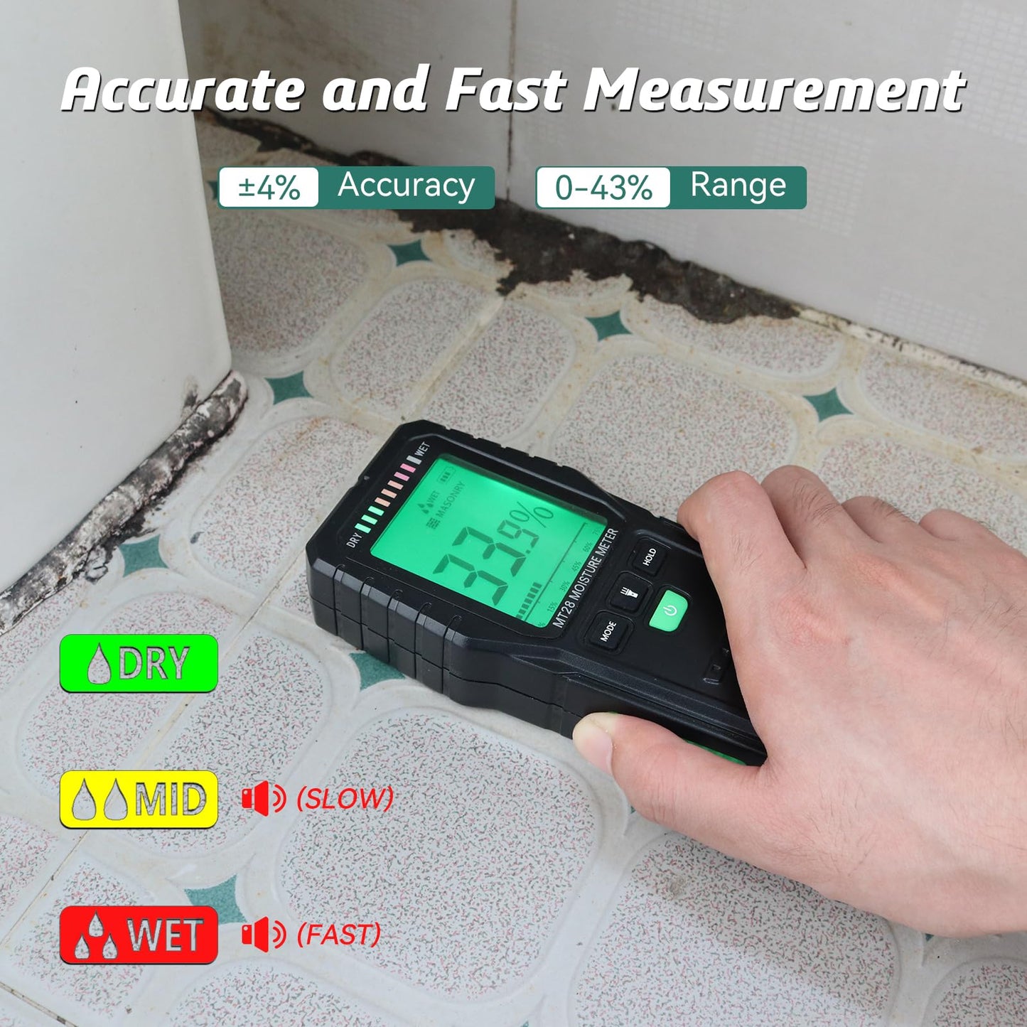 RDINSCOS MT28 Pinless Moisture Meter for Non-Destructive Moisture Detection in Wall, Wood, and Floor Comes with 9v Battery