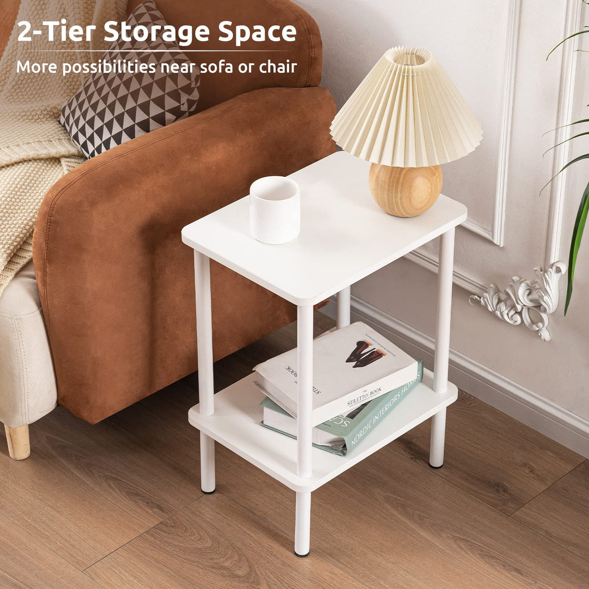 Apicizon 2 Tier End Table Set of 2, Boho Side Table with Storage Shelf, Nightstand Bedside Table for Small Spaces, Bedroom, Living Room, Entryway, Farmhouse, Easy Assembly, White