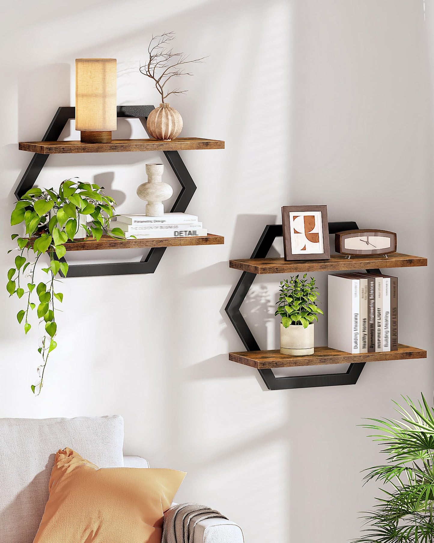CHOEZON Hexagon Floating Shelves for Wall, Set of 2, 2 -Tier Hanging Shelves, Wall Mounted Storage Shelves, for Living Room, Bedroom, Kitchen, Home Office, Study, Rustic Brown and Black TBJ06P2BF