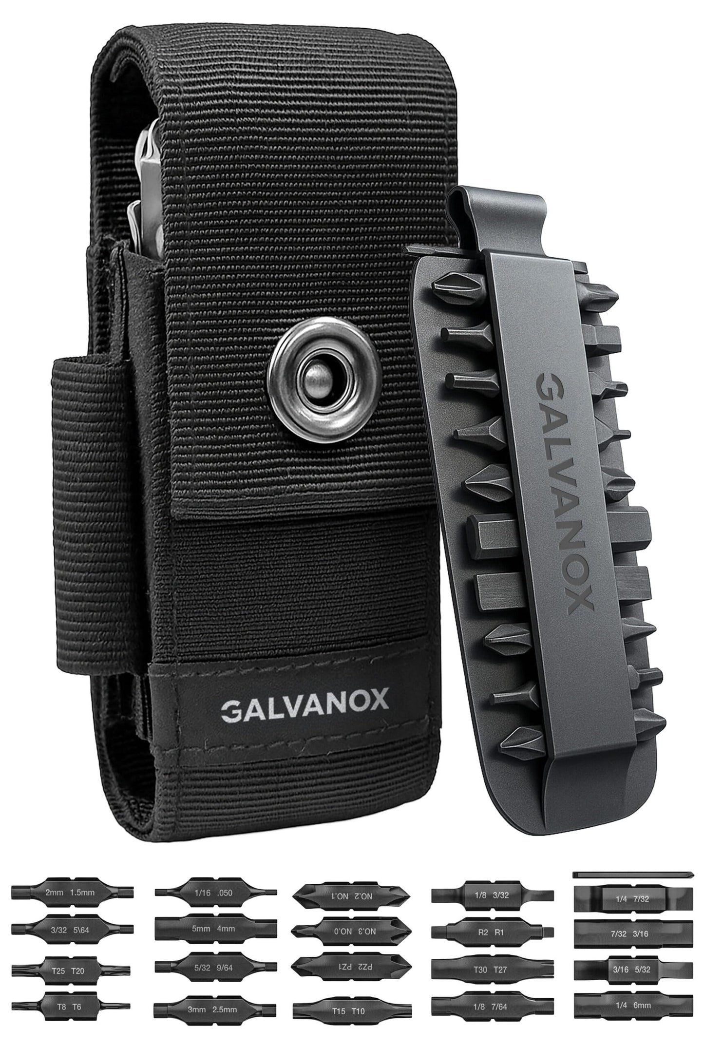 Galvanox Nylon Multi-Tool Sleeve with 21 Flat End Screwdriver Bits & Holder, Belt Pouch with Pockets and Bit Set Included, Compatible with Leatherman (4" to