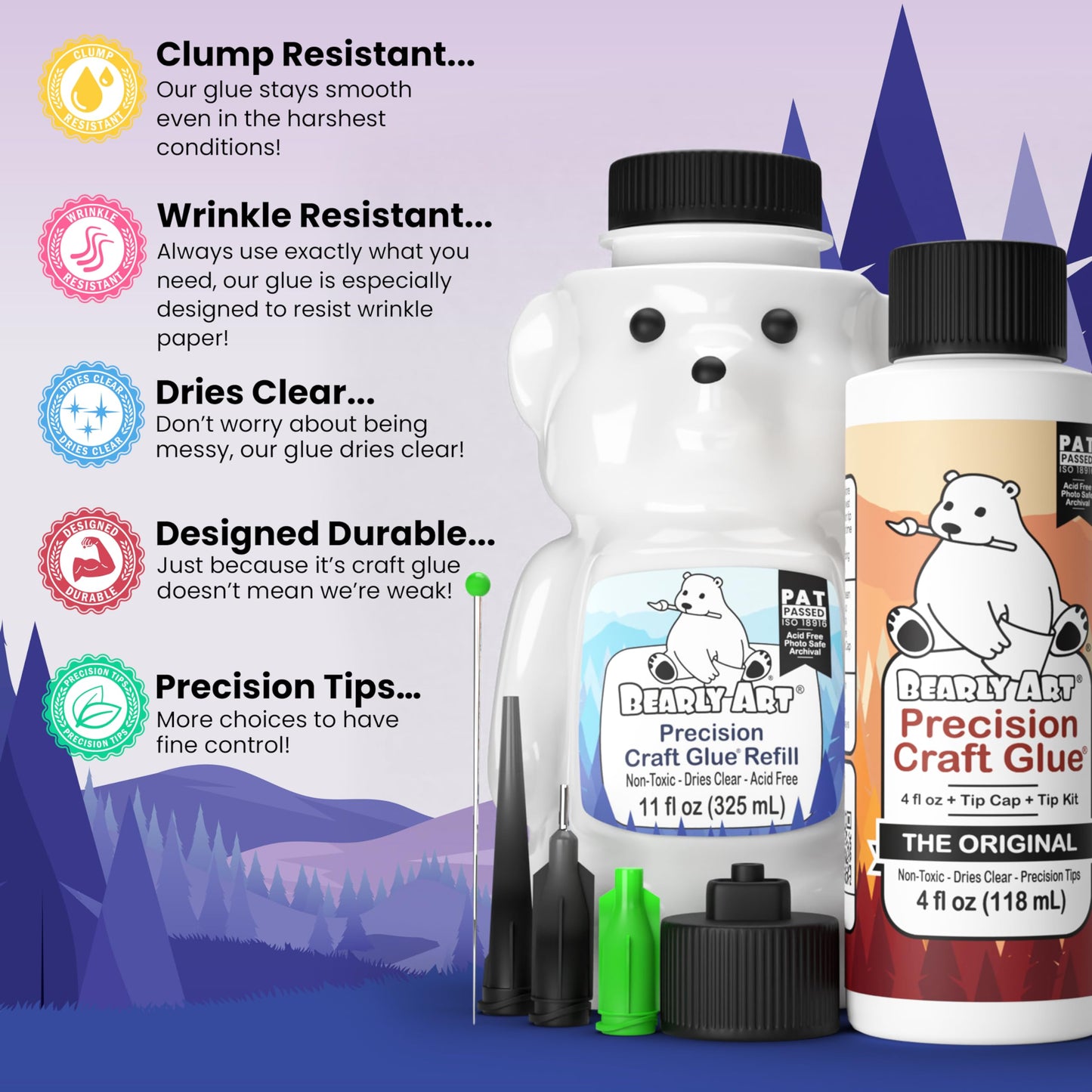 Bearly Art Precision Craft Glue -The Bundle - 4fl oz and 11fl oz Refill Bear - Tip Kit Included - Wrinkle Resistant - Flexible and Crack Resistant - Strong Hold Adhesive - Made in USA