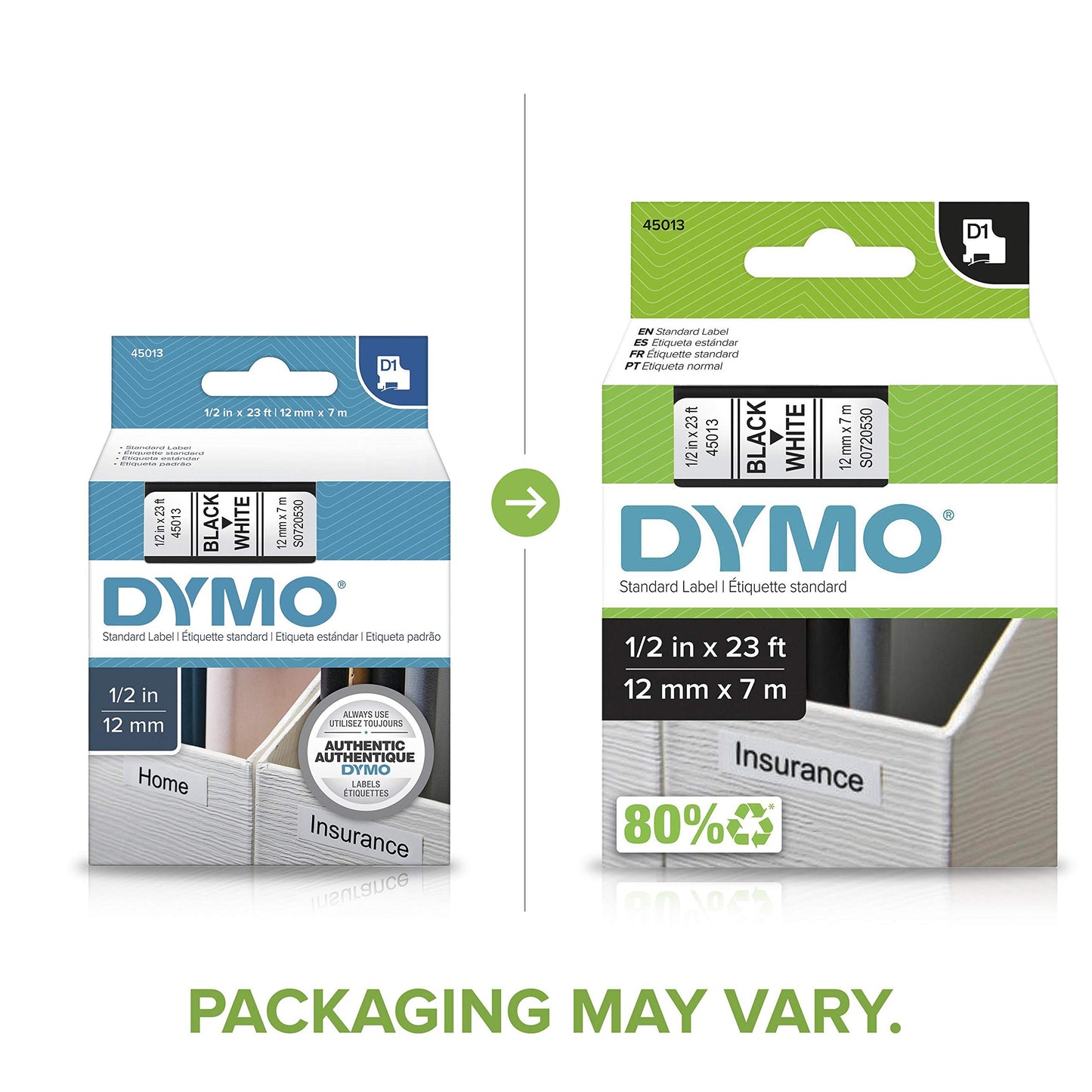 DYMO D1 Standard Labels for LabelManager Label Makers, 1/2" x 23-Foot, Black Print on White Tape, Self-Adhesive, 1 Cartridge