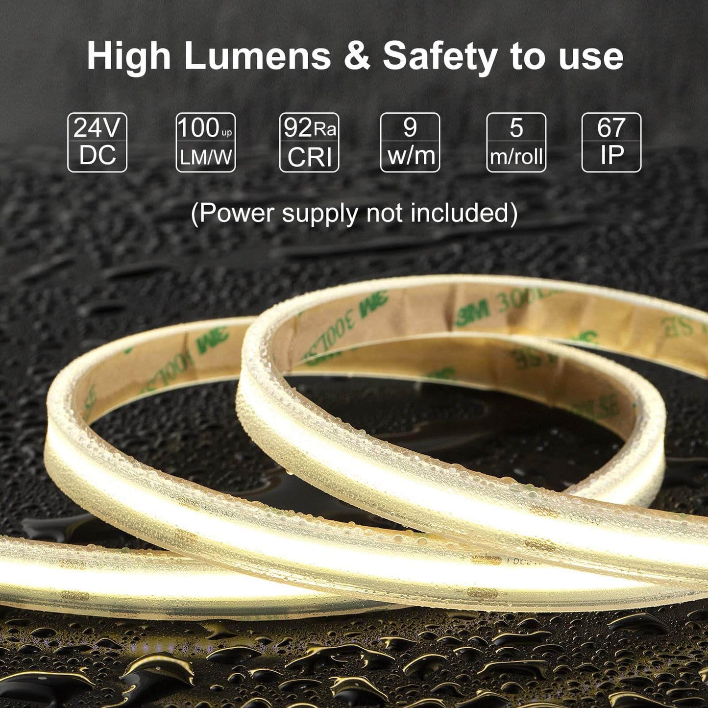 LLTOP COB LED Strip Lights Waterproof IP67 DC24v Natural White 4000K 16.4ft/5m High CRI 92Ra+ Outdoor LED Tape Lighting DIY Cuttable for Bedroom Kitchen Cabinet Shelf (Power Supply Not Included)
