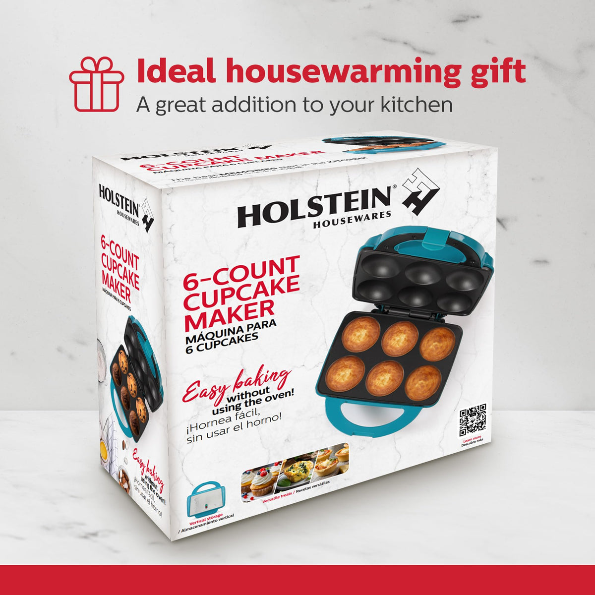 Holstein Housewares Non-Stick Cupcake Maker, Teal - Makes 6 Cupcakes, Muffins, Cinnamon Buns - Birthdays, Holidays, and More