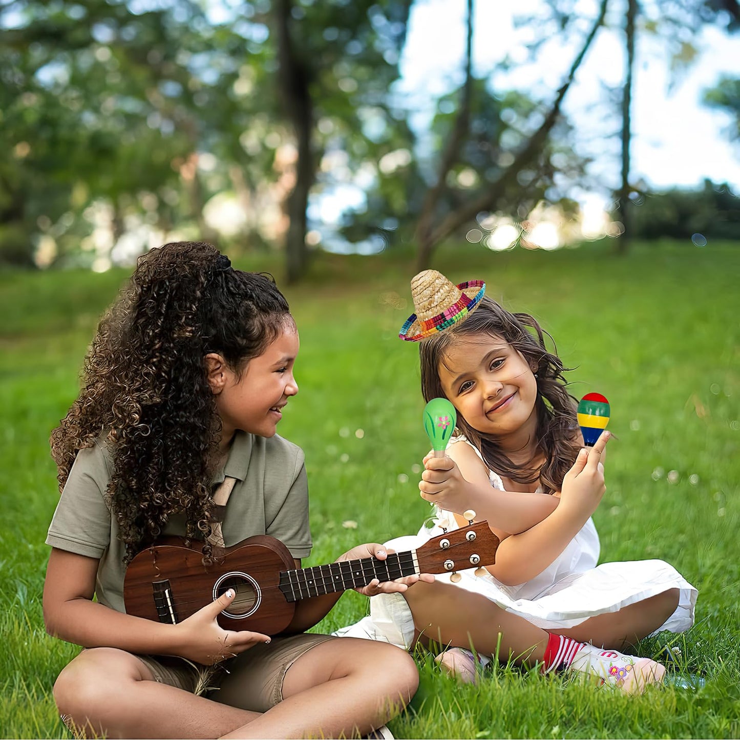 24Pcs Wooden Maracas Includes Mini Sombrero Top Hat Bulk Mexican Fiesta Party Decorations for Kids Halloween Carnivals