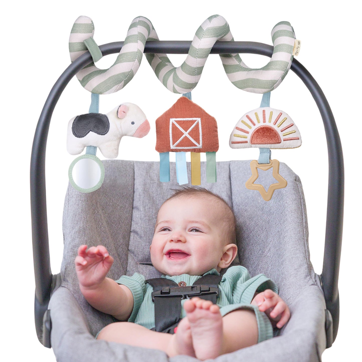 Itzy Ritzy Spiral Car Seat & Stroller Activity Toy; Includes Dangling Ring, Mirror and Textured Ribbons; Farm