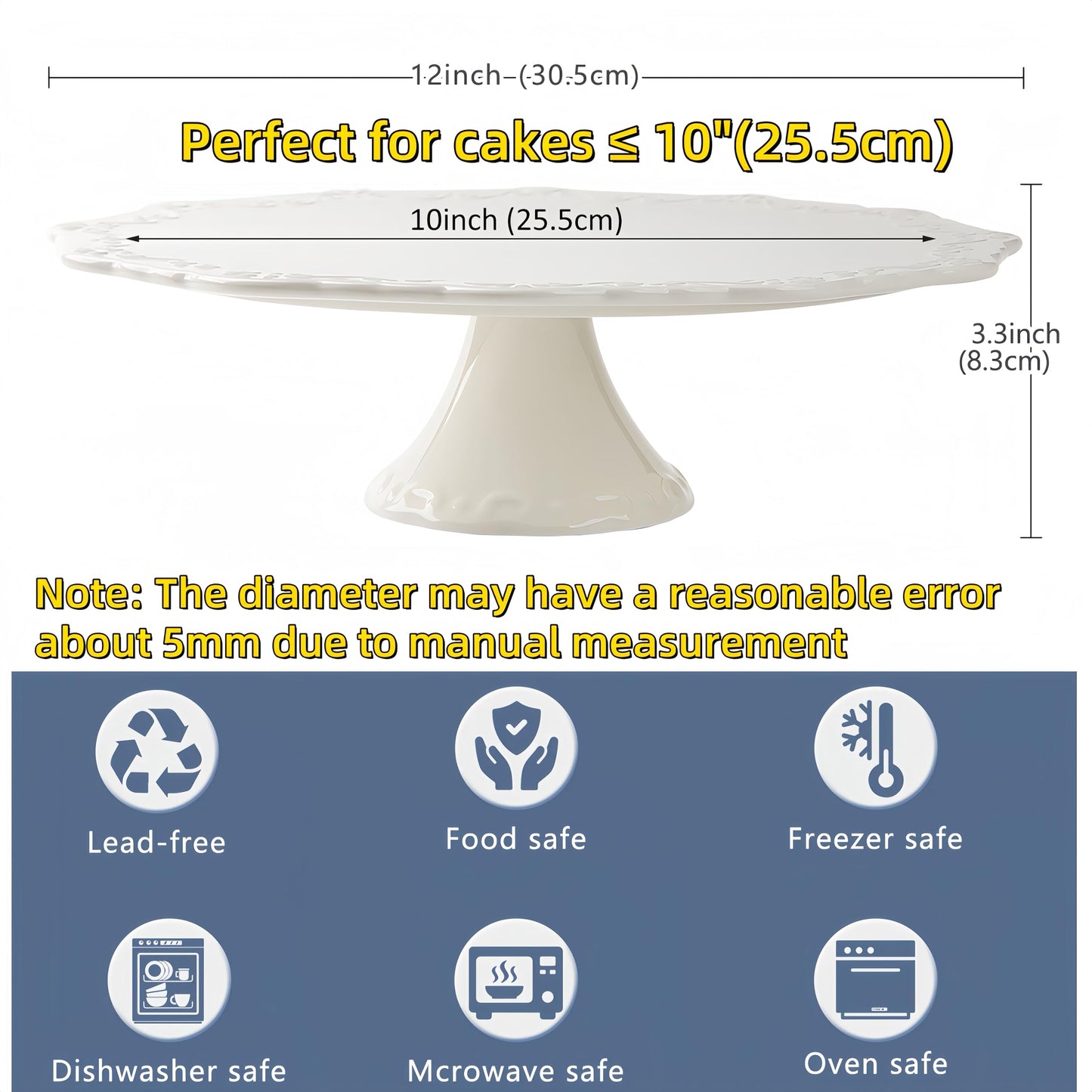 BPFY Round White Ceramic Cake Stand (Holds 10-Inch Cake), Decorative Cupcake Stand, Dessert Display Plates for Snacks and Cookies, Baby Shower, Birthday, Wedding Party Decor