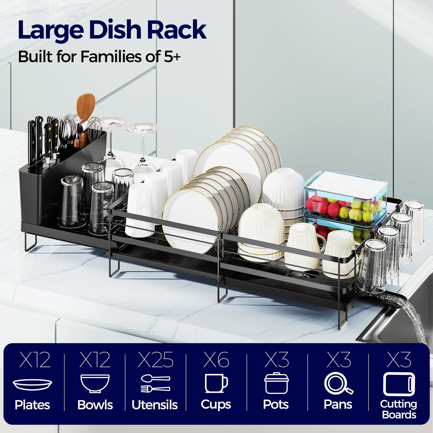 Large Dish Drying Rack - Extendable Dish Rack for Kitchen Counter, Multifunctional Dish Drainer with Drainboard Set, Dishrack with Utensil Holder & Cup Holder, 13.4"-28.7" L x 11.8" W, Black
