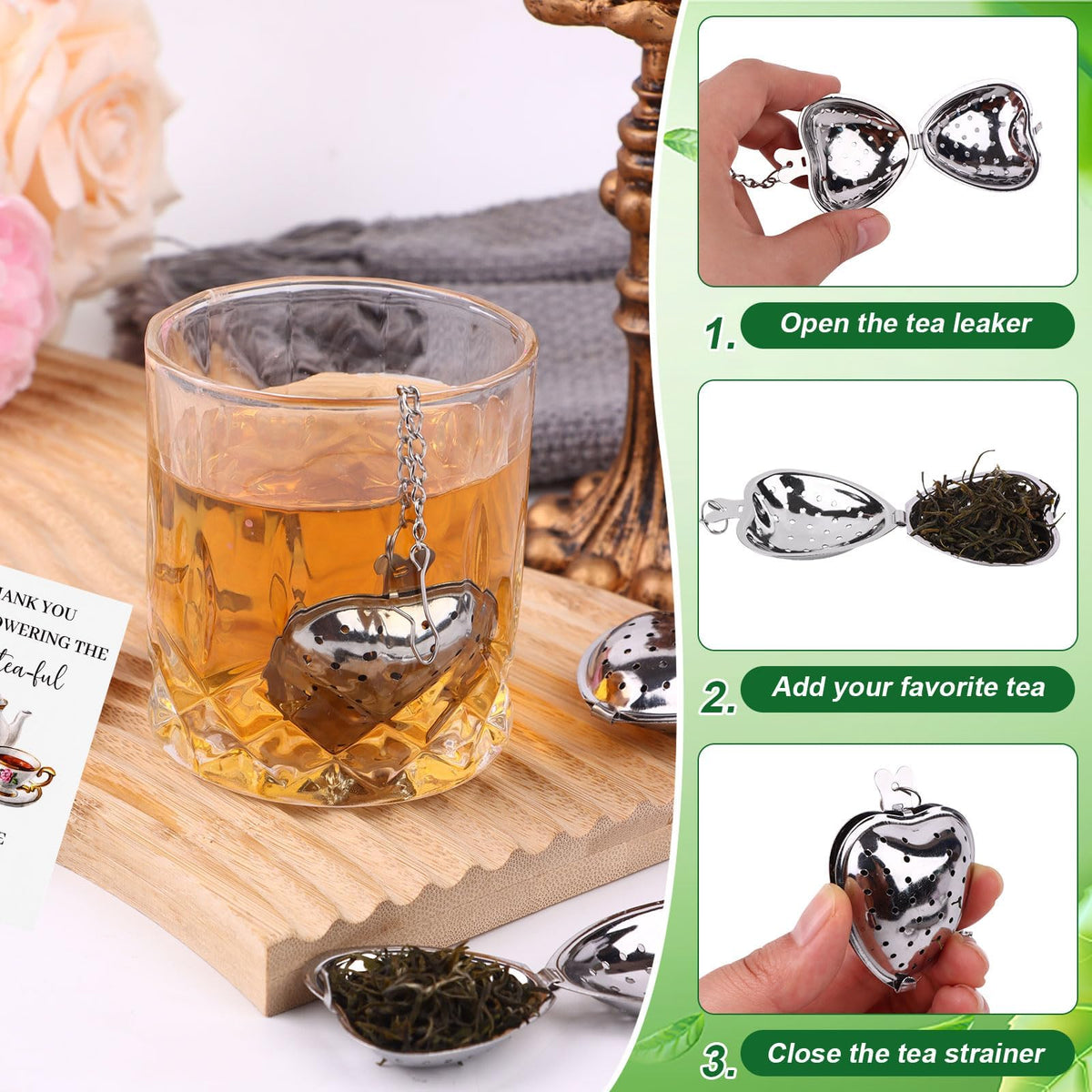 32 Sets Bridal Shower Tea Party Favors for Guest Heart Tea Infuser Tea Spoon Tea Steeper for Loose Tea with Thank You Cards Organza Bags and Hemp Rope for Wedding Gift Souvenirs, No Tea (Silver)