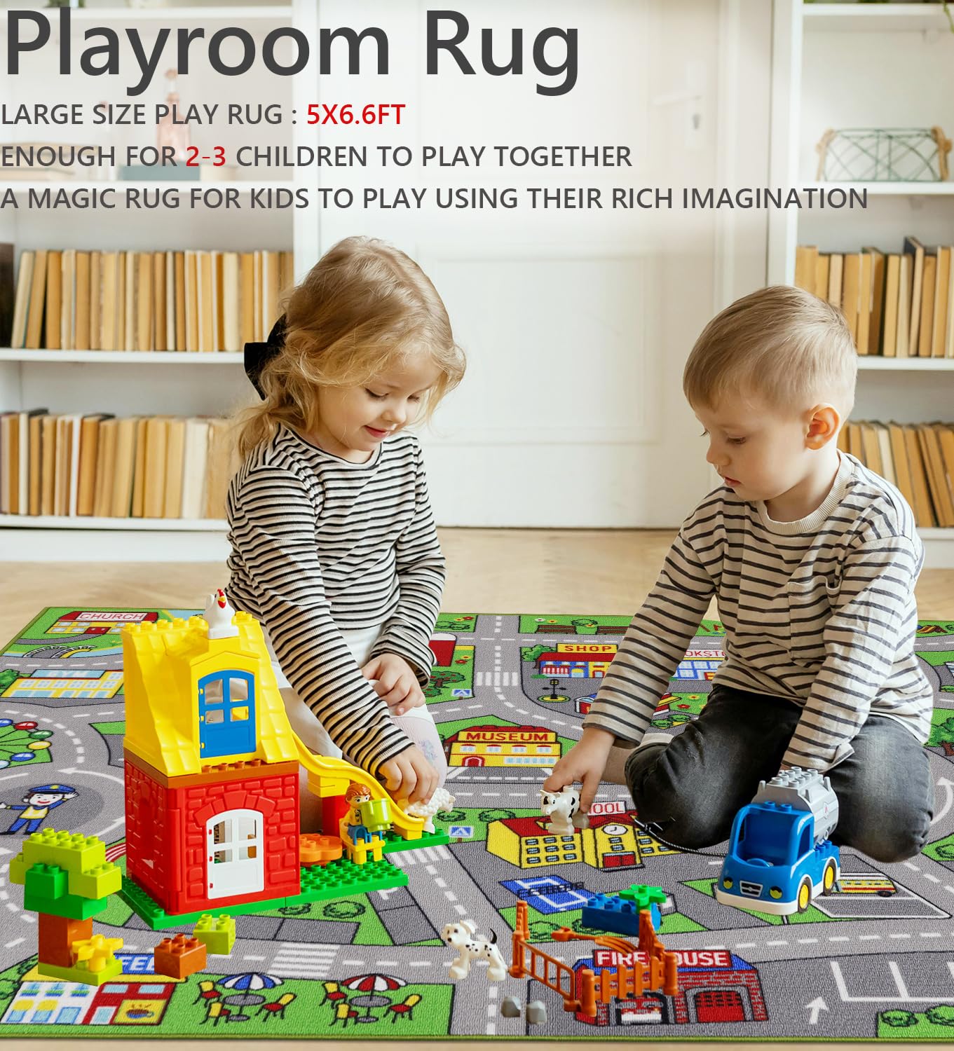 VSIWB Kids Rug 6'6" x 5'0" City Life Playmat Area Rug Car City Map Washable Traffic Road Educational Learning Nursery Rug Carpet for Children Playroom Living Room Bedroom Classroom Decor Green