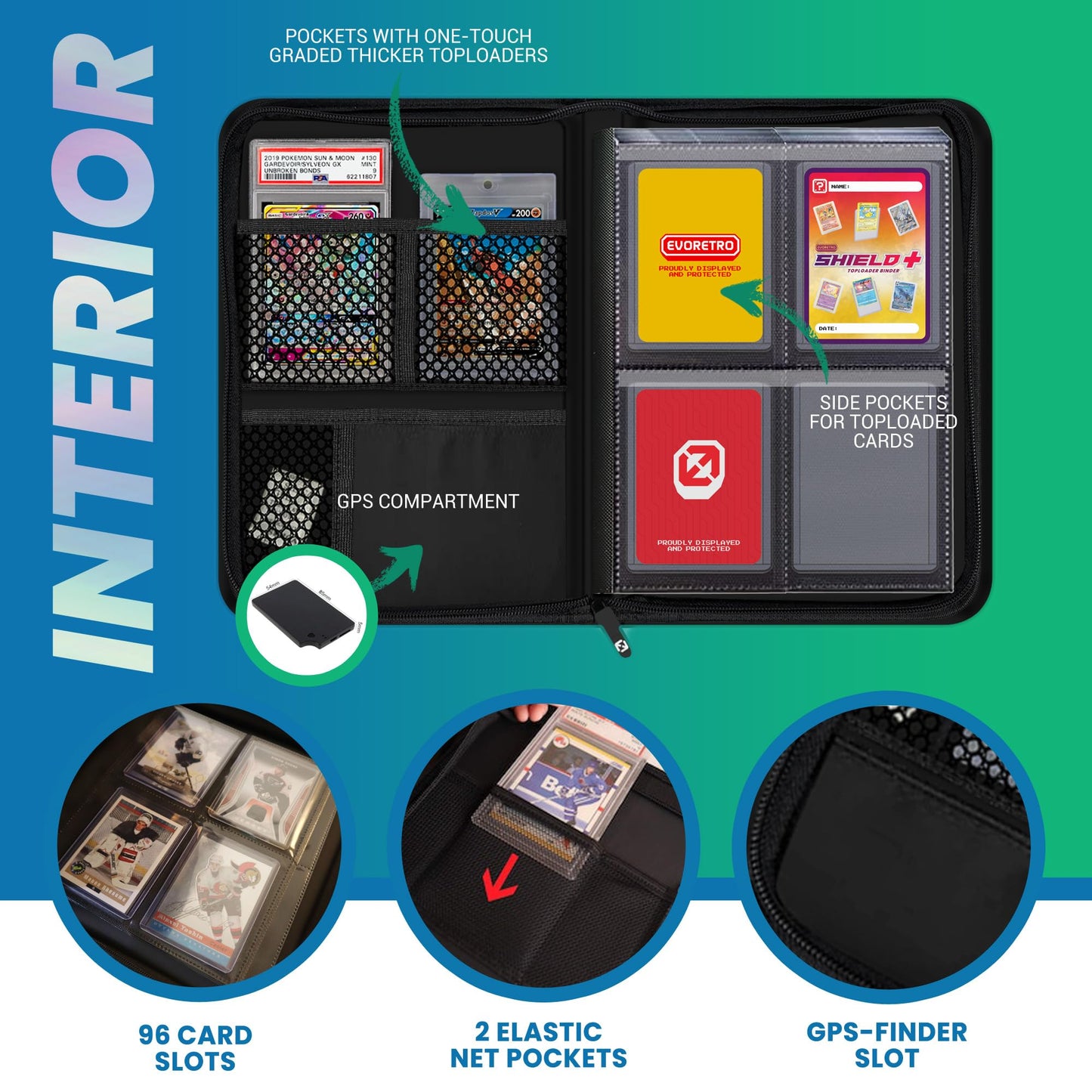 EVORETRO 4 Pocket Top Loader Binder for Pokémon, MTG, Lorcana & Sports Cards – Small Toploader Binder Fits 2x2 Toploaders 35pt–55pt, 96 Slots with 2 PSA Slab Pockets