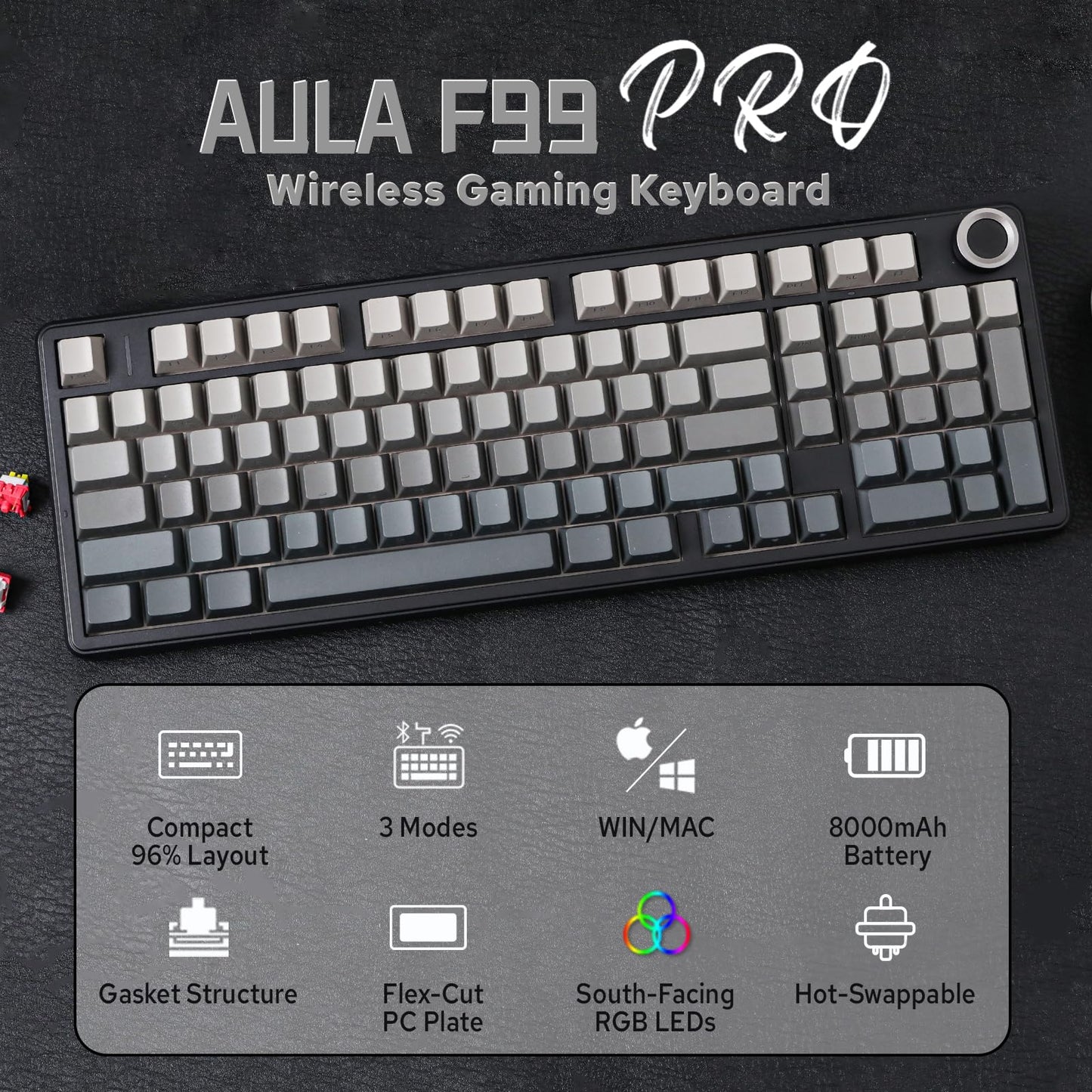 MechLands Aula F99 PRO 96% Mechanical Keyboard, BT5.0/USB-C/2.4GHz Wireless Gaming Keyboard, Hot Swappable Gasket Custom Keyboard with 8000mAH Battery, Knob, RGB Backlits for Win/Mac (Grey)