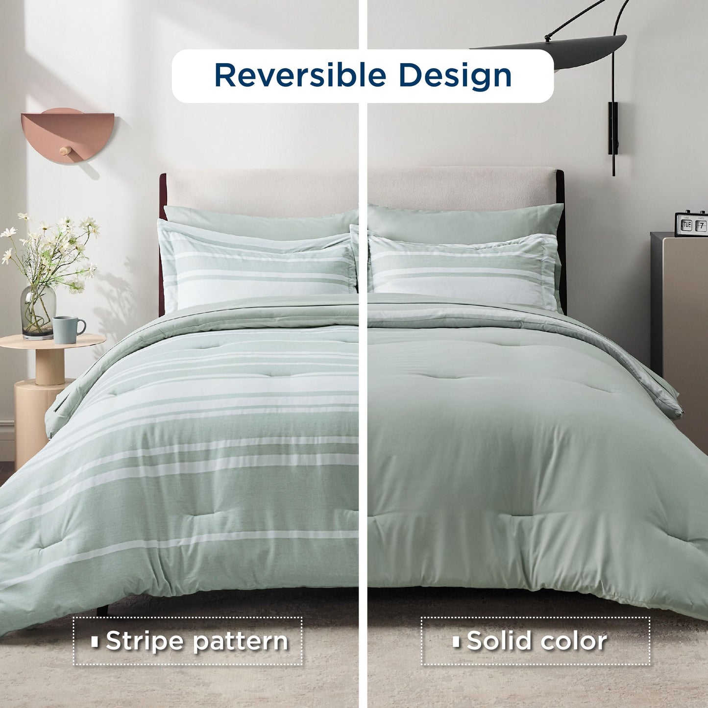 Bedsure Bed in a Bag Full Size 7 Pieces, Sage Green White Striped Bedding Comforter Sets All Season Bed Set, 2 Pillow Shams, Flat Sheet, Fitted Sheet and 2 Pillowcases