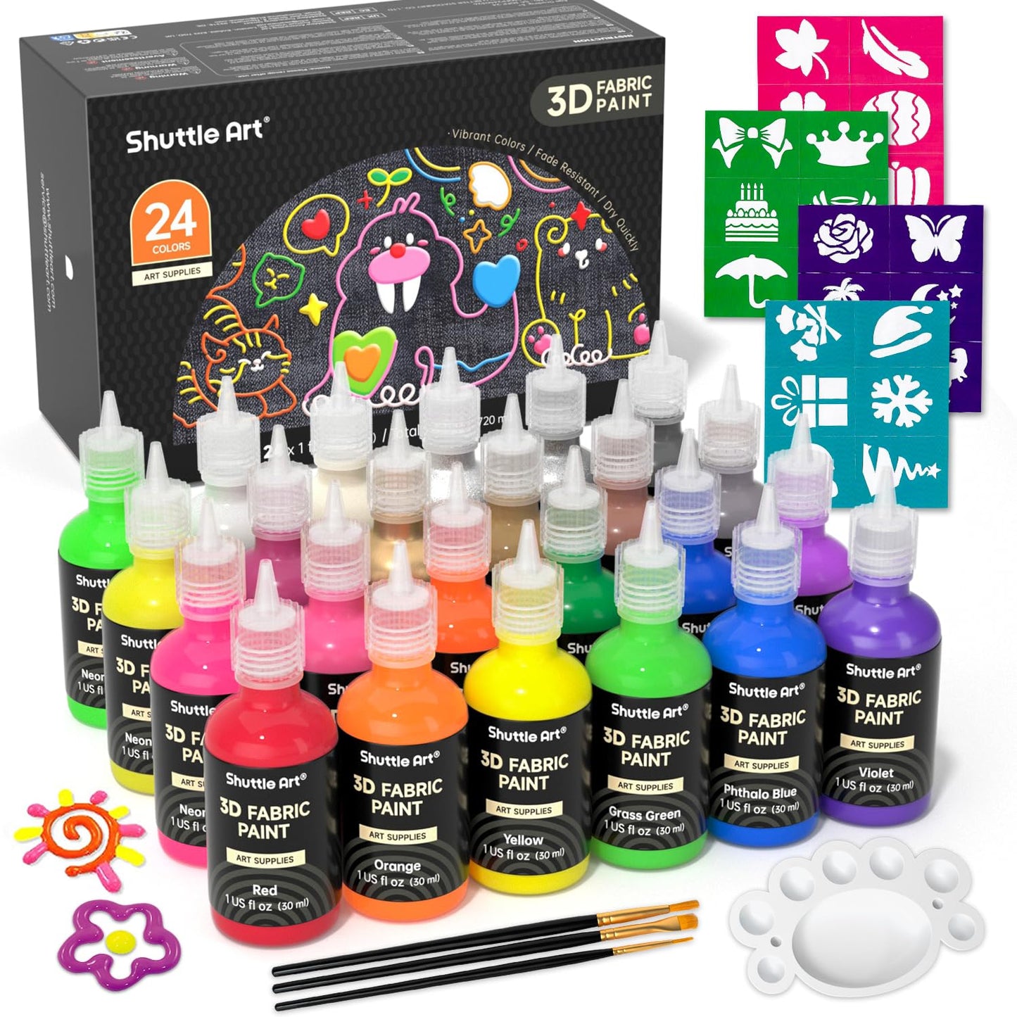 Shuttle Art 3D Textile Paint Machine Washable, 24 Fabric Paints Washable with Brushes, Templates, 3D Textile Paints with Metallic, Neon and Glitter Colours, Fabric Paints Washable Children for T-Shirt