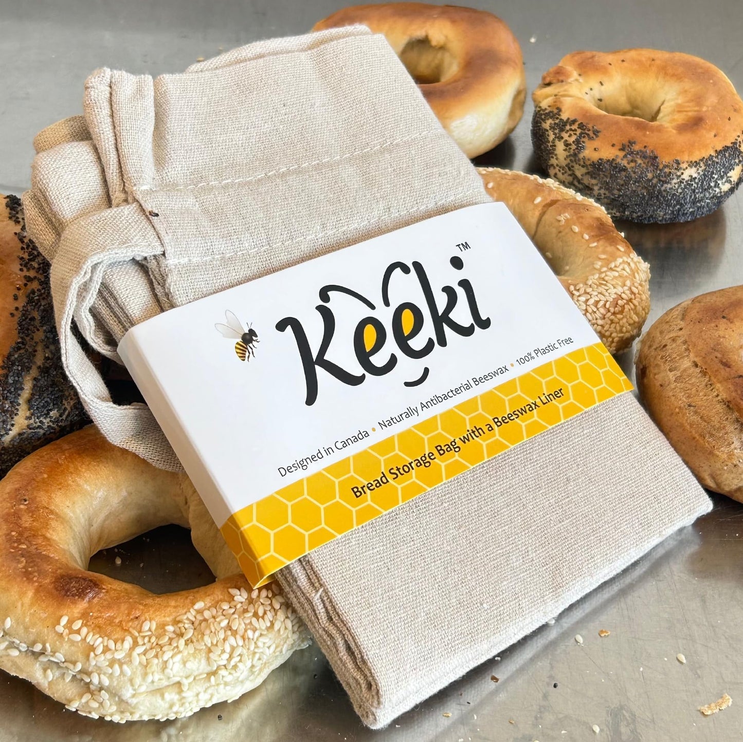 Keeki Bag - The Original Beeswax Lined Bread Bag for Homemade & Sourdough | Reusable Linen Bread Storage | Beeswax Wrap Alternative | Plastic-Free Storage w/Wide Opening & Drawstring Closure (Yellow)