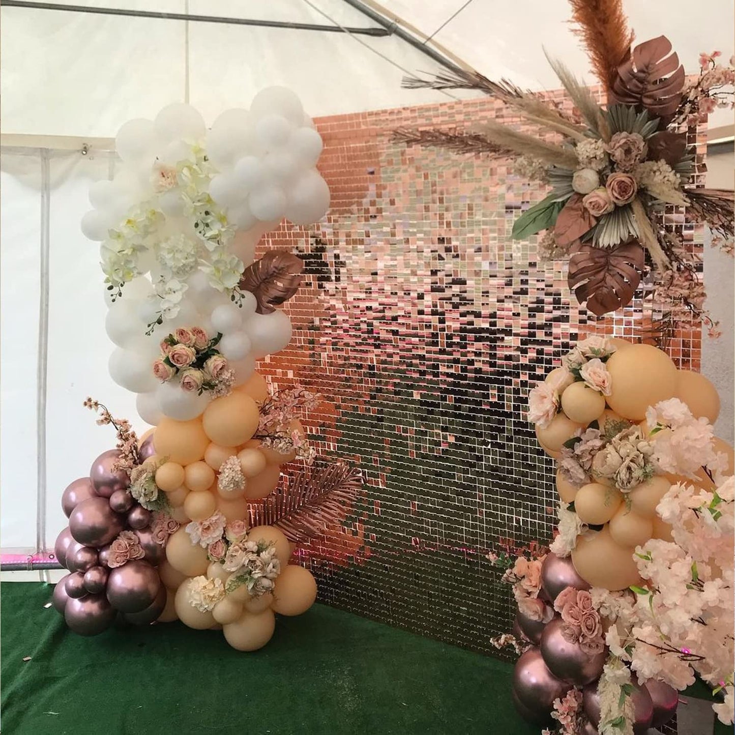 COKAOBE Rose Gold Shimmer Wall Backdrop, 24PCS Square Sequin Shimmer Backdrop Panels, Photo Backdrops for Birthday, Anniversary Wedding Engagement Decoration