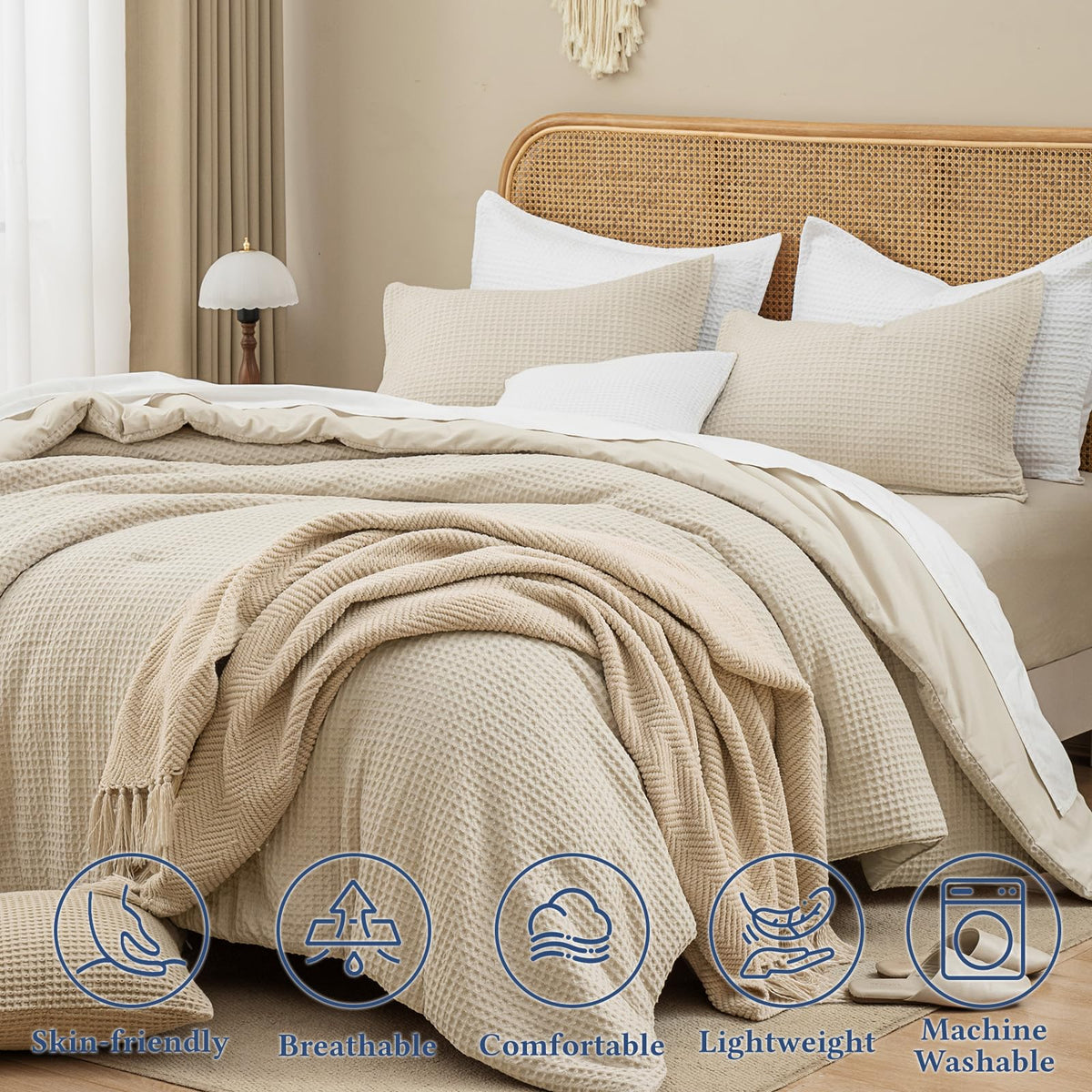 David's Home Waffle Weave Comforter Set 2PCS Twin Size, Soft Breathable Lightweight Cozy Skin-Friendly Warm for All Season, Elegant Aesthetic Home Decor Bedding Set with Pillow Shams, Linen