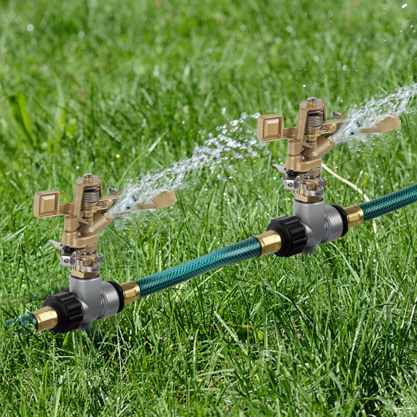 Biswing 2 Pack Brass Impact Sprinklers with Stand (Spike), Heavy Duty Lawn Head on Zinc Alloy Spike Base, Adjustable Watering Sprinkler for Large Area Grass Yards Patio Garden Irrigation