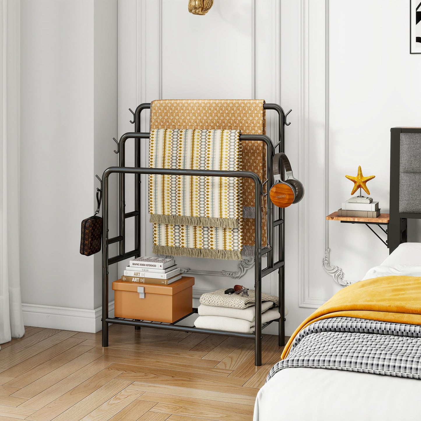 VERFARM Freestanding Towel Rack, 3 Tier Towel Rail Metal Towel Holder Drying Stand with Storage Shelf, Blanket Holder, 6 Hooks, for Bathroom Accessories Organizer, Bath & Hand Towels Storage, Black